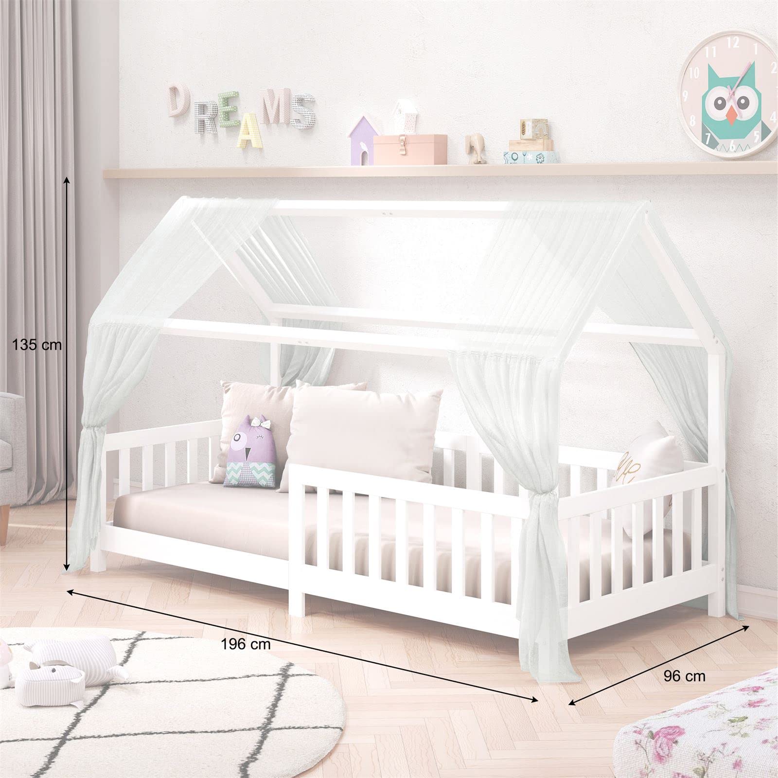 IDIMEX Hausbett NINA, Kinderbett mit Rausfallschutz 90x200, Massivholz Weiß