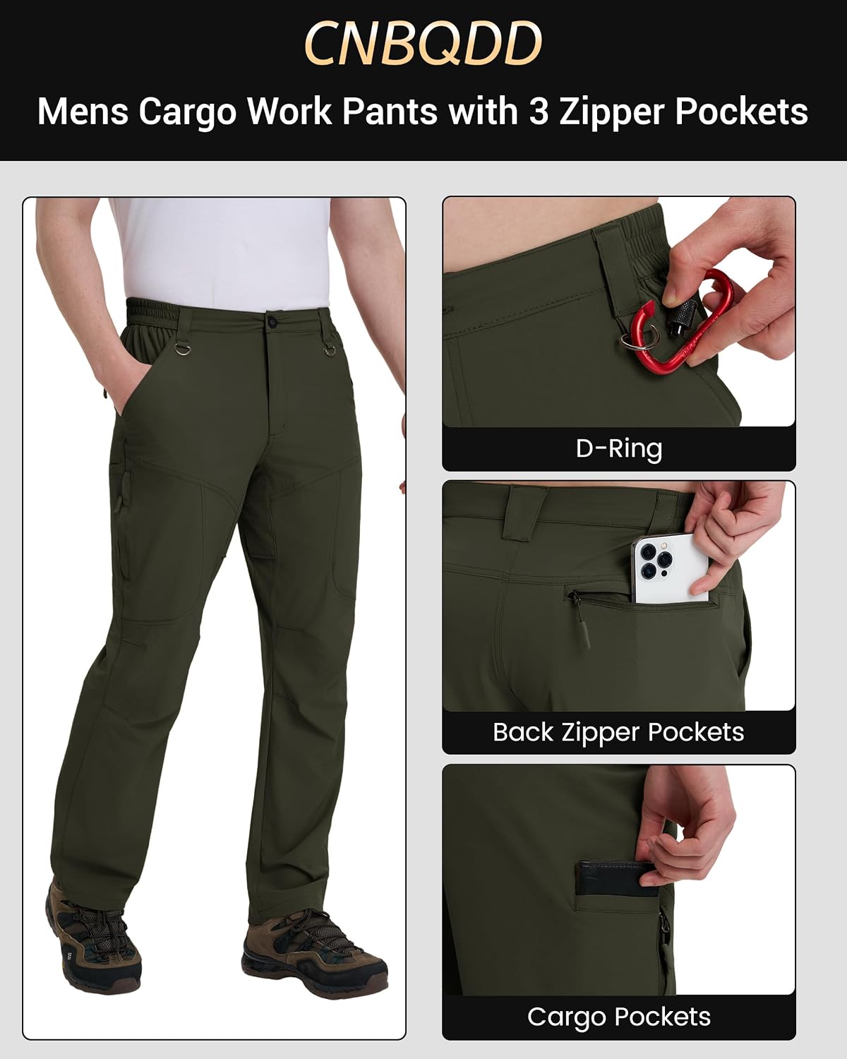 CNBQDD Mens Hiking Pants Quick Dry Water Resistant Lightweight Nylon Cargo Pants Breathable Work Travel Pants with 6 Pockets image 5