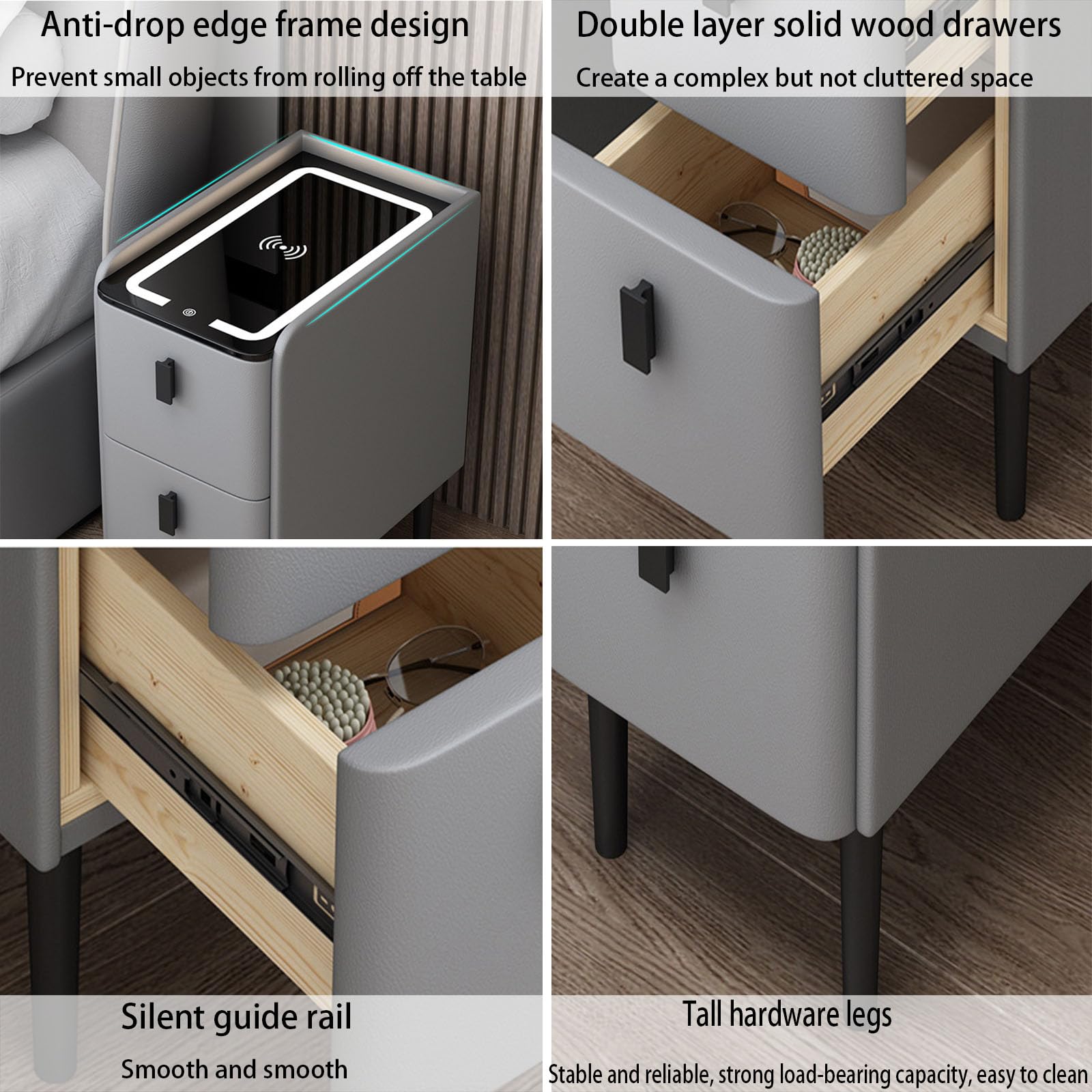 Veilleuse LED moderne avec Bluetooth et chargement en bois - Design multifonction - 2 Ders - 25 cm de large - Simple - Gris - Fourrure pour chambre à coucher - Décoration élégante