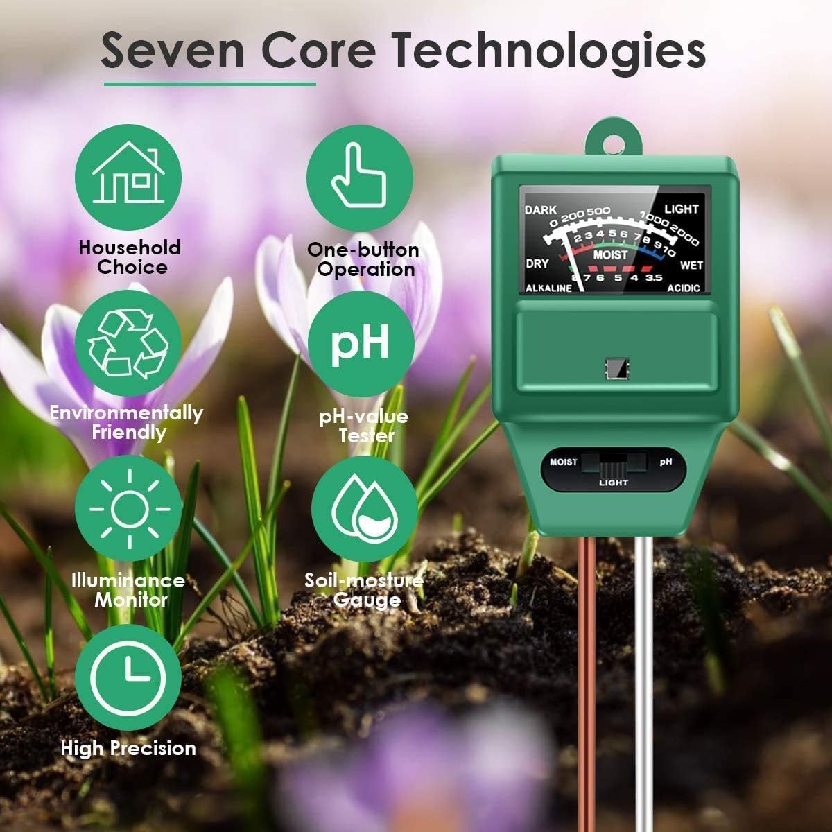 Auralto Soil pH Meter, Soil Moisture/Light/pH Tester Gardening Tool Kits for Plant Care, 3-in-1 Soil Test kit Great for Garden, Lawn, Farm, Indoor & Outdoor Use (Green)