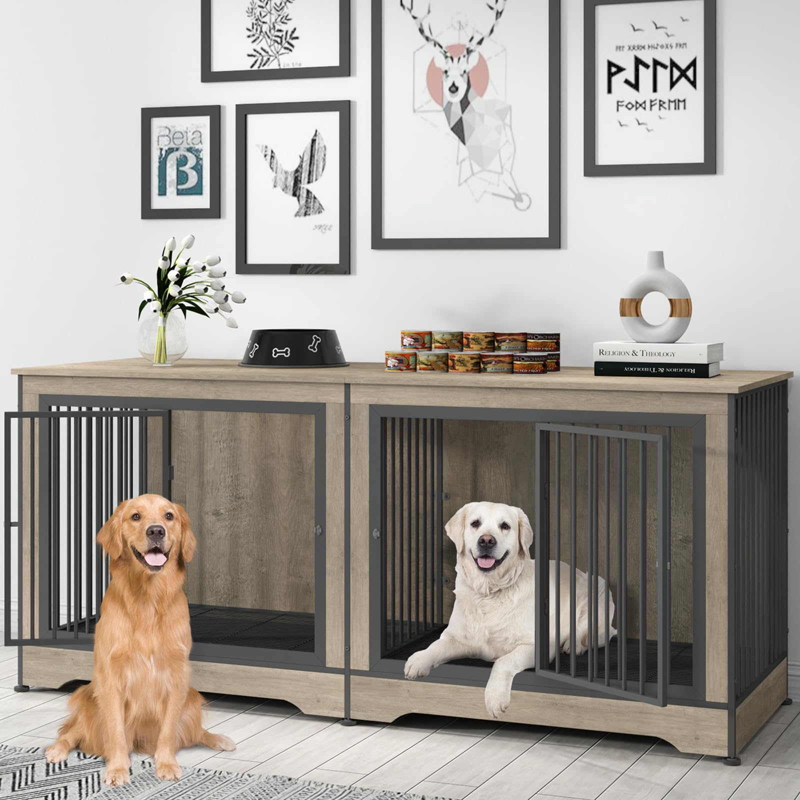 75 Inch Double Dog Crate Furniture for 2 Large Dogs with Trays, 3-in-1 Grey Large Double Dog Kennel TV Stand with Divider
