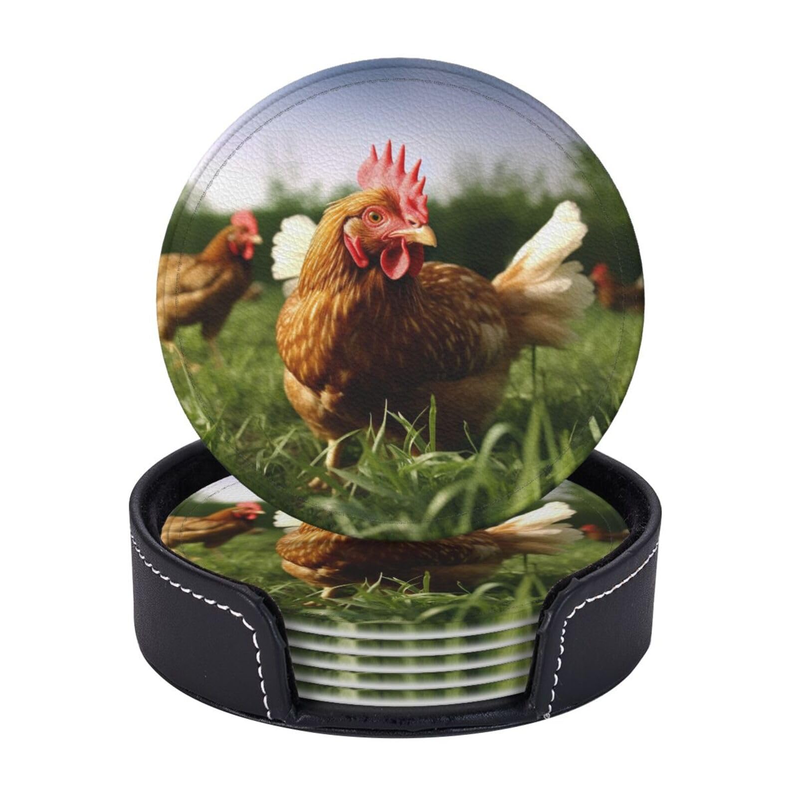 Drink Coasters Set of 6 Waterproof Non-Slip Leather Coasters with Holder Round Mug Mat Funny Chicken Grass Coasters for Drinks Tabletop Protection Cup Pad for Coffee Table Bar Home Decor