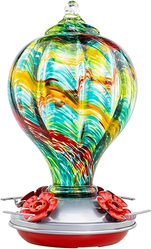 Muse Garden - Comedero para colibríes para exteriores, vidrio soplado a mano, 32 onzas, foso de hormigas incluido, espíritu del arco iris
