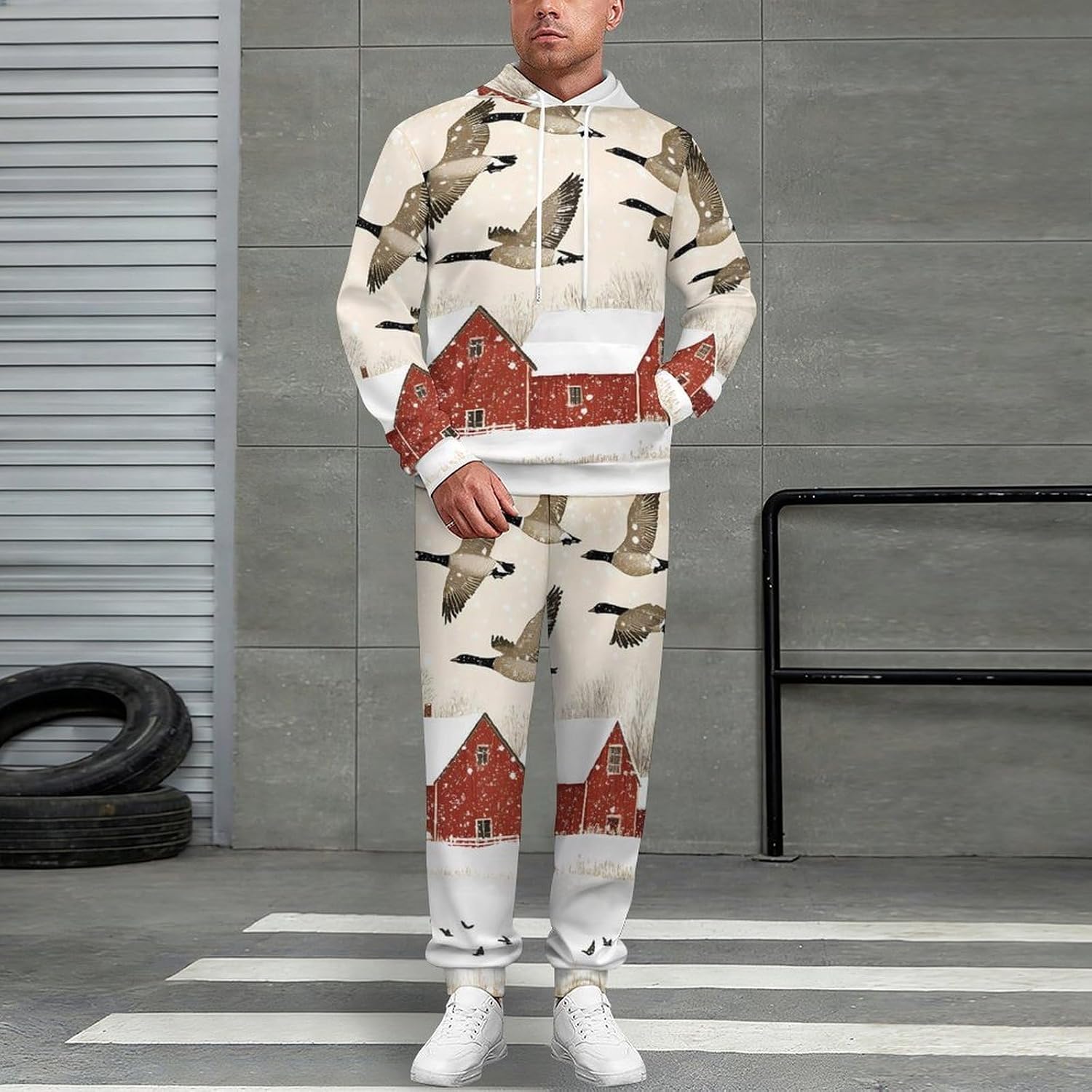 Flying Geese Snow Red House Sweatshirts for Men Two Piece Casual Hoodie Tracksuit Jogger Pants
