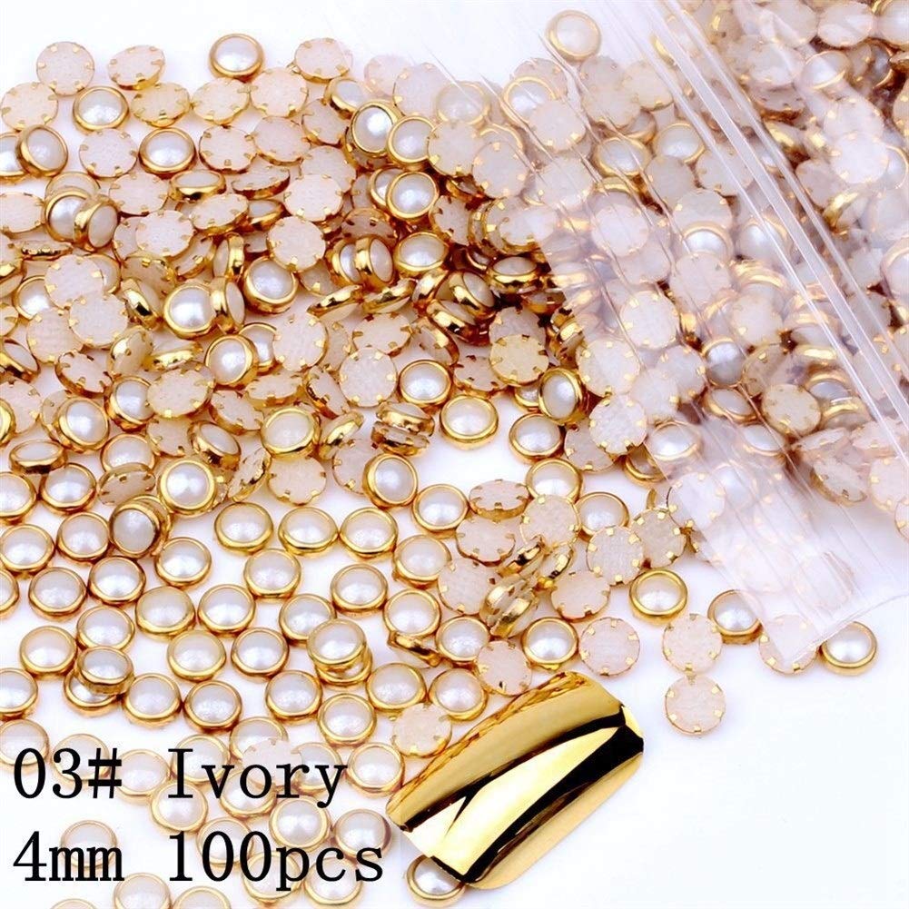 Sparkly 100pcs 4mm 5mm 6mm Many Colors Half Round Pearls Metal Rhinestone DIY Nail Art Nail Beads Beauty Glitter Decoration (Color : 03 Ivory 4mm 100pcs)
