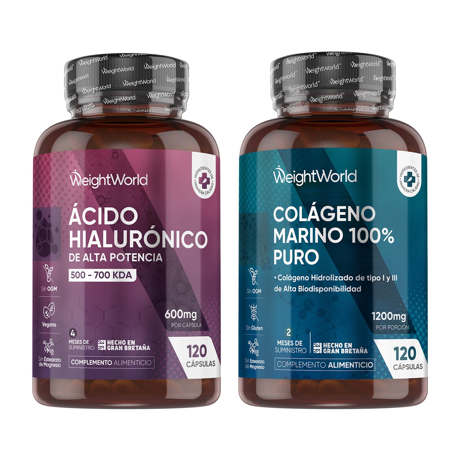 Duo Complémentaire – Collagene Marin Gelules Pur Type 1 & 3 1200mg (120 Gélules, 2 Mois) - Acide Hyaluronique 600mg 120 Gélules Vegan (500-700 kDa, 4 Mois) – sans OGM ni Stéarate de Magnésium