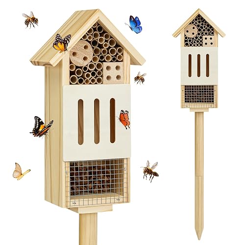 Bee House Bug Hotel & Butterfly House with Stake, Handcrafted