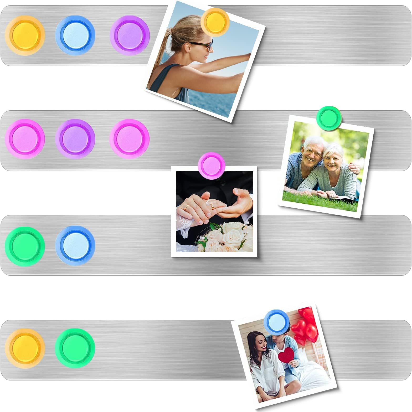 Frameless Magnetic Stainless Iron Board Strips, Adhesive Backing Bulletin Bar Board with 10 Pieces Colorful Magnet, Memo Strip for Office Home 4Pcs