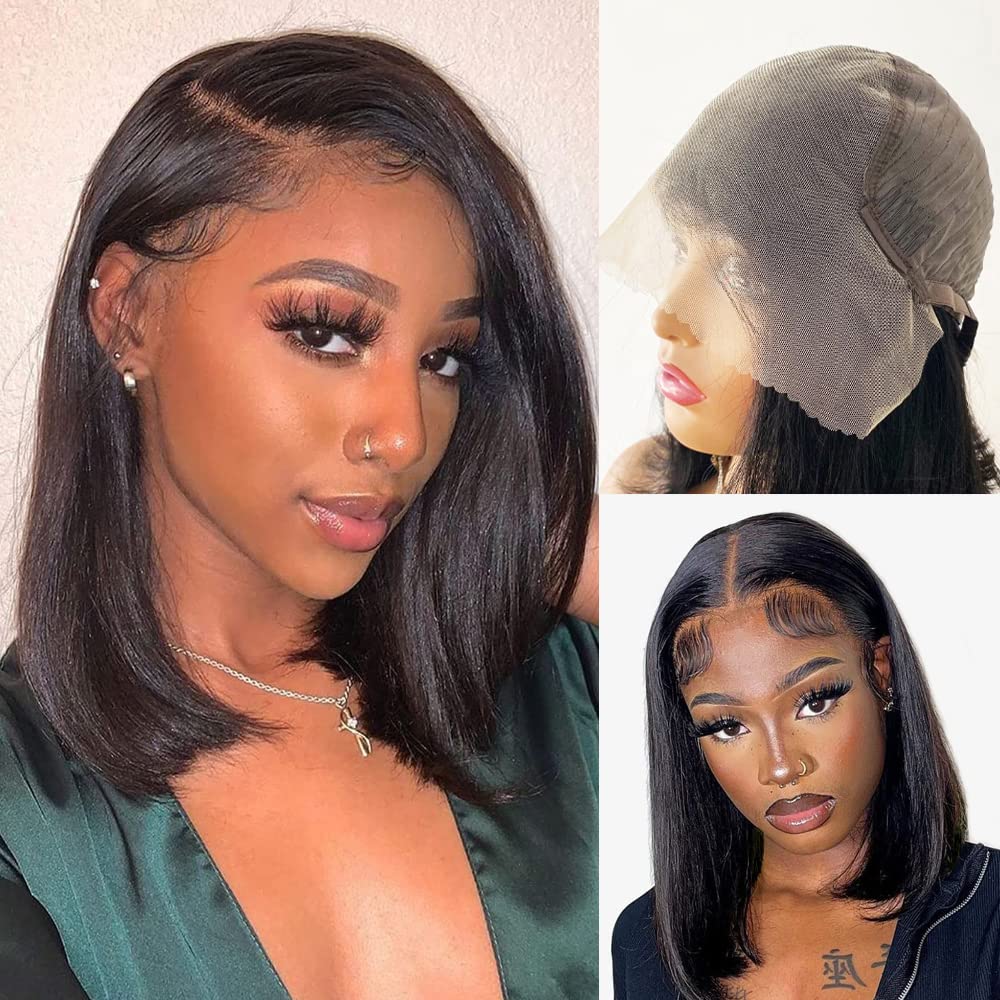 Karlami Bob Wig Human Hair Straight HD Lace Front Bob Wigs for Black Women Human Hair Pre Plucked Glueless Side Part Middle Part C Part 180% Density