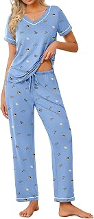 Ekouaer Pajamas for Women Set 2 Piece Lounge Set Soft Pajama Sets Short Sleeve and Pants Pj Sets Loose Sleepwear with Pockets