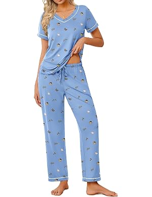 Ekouaer Pajamas for Women Set 2 Piece Lounge Set Soft Pajama Sets Short Sleeve and Pants Pj Sets