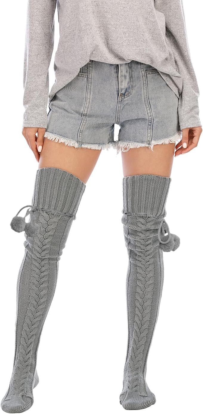 HYTENSUN Women’s Cable Knit Thigh High Socks - Over the Knee Winter Leg Warmers with Pom Pom Tie, Cozy Long Boot Stockings - Image 3