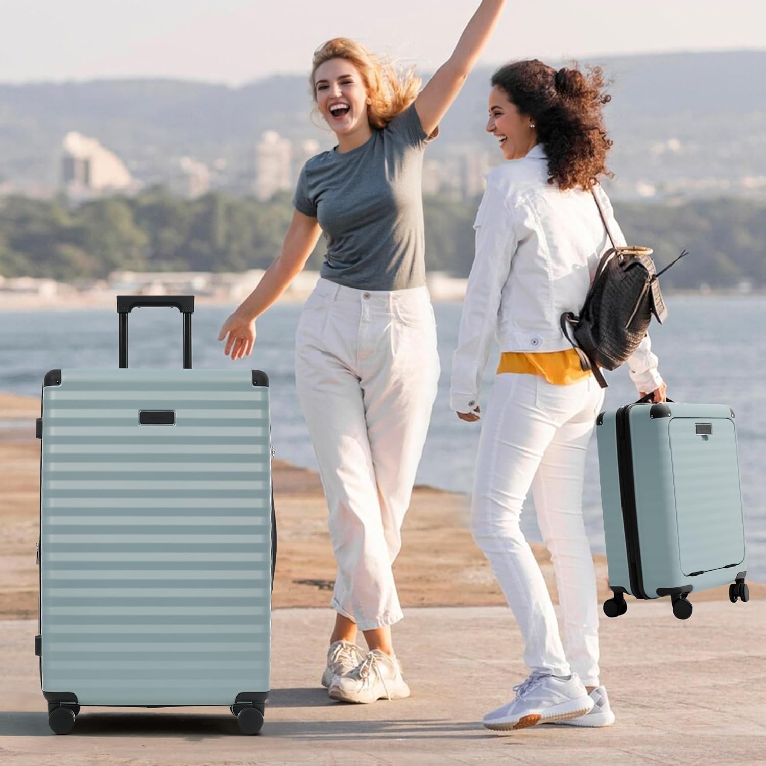 Merax Luggage Sets 5 Piece,Front Open Hardshell Expandable Suitcase with Spinner Wheels and Duffel Bags,Lightweight Carry on Luggage with USB Port and Cup Holder,20/24/28IN,Light Blue