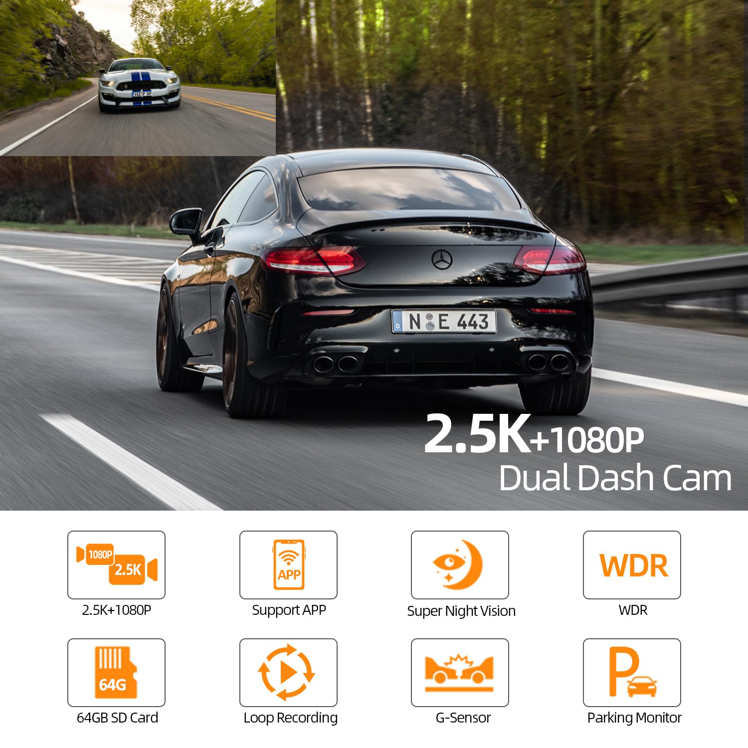 Dashcam Auto 2.5K+1080P con 64G SD Scheda