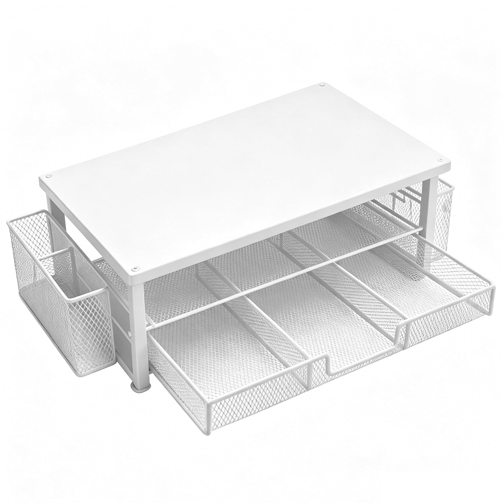 FARYODI Supporto da scrivania per monitor con 2 portapenne, cassetto, organizer da scrivania, supporto ergonomico da tavolo per monitor e computer portatile (bianco)
