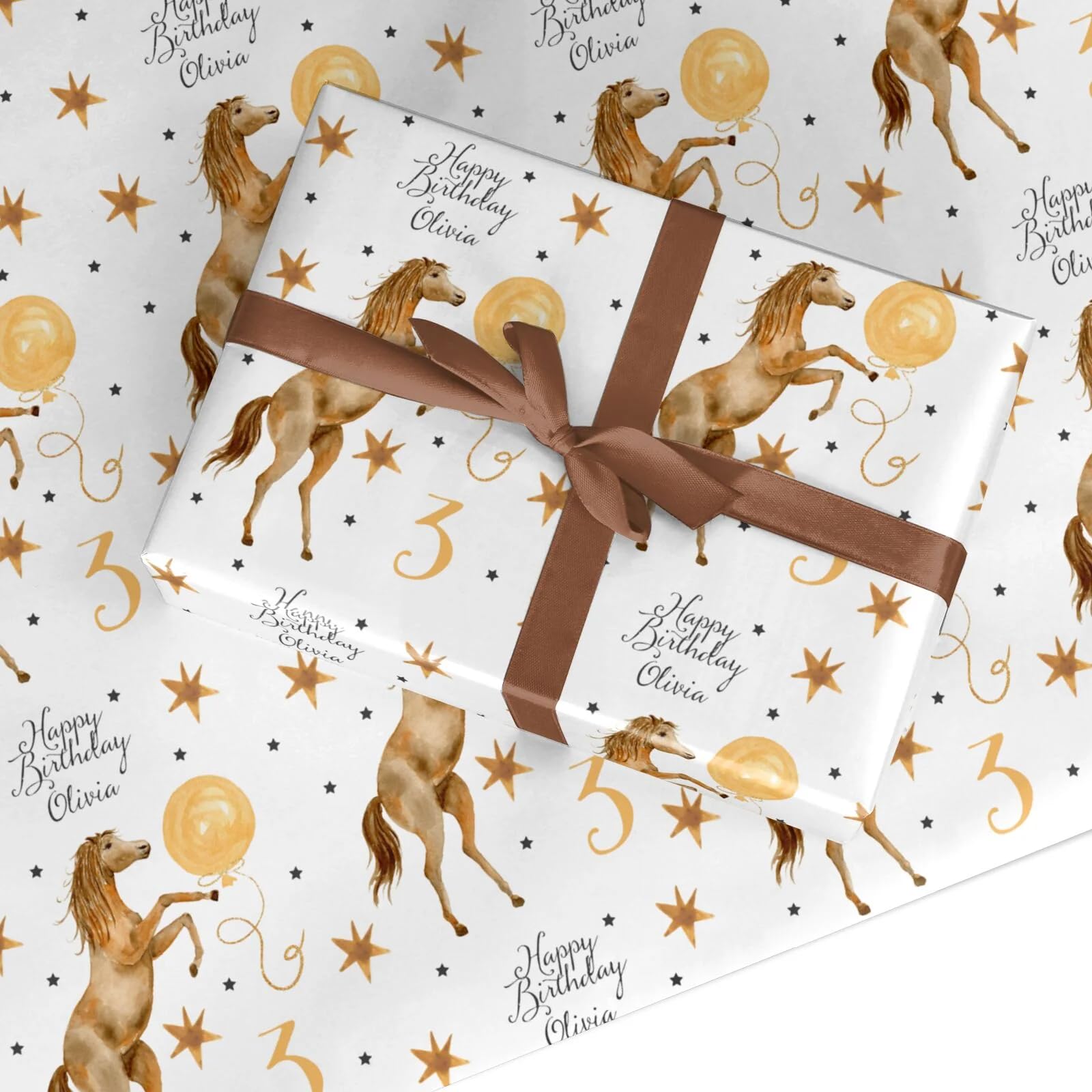 Personalised Horse Happy Birthday Wrapping Paper – Custom Name & Age Gift Wrap for Girls & Women – Pony Equestrian Design – Recyclable & Eco Friendly - 3 Sheets (50cm x 65cm each)