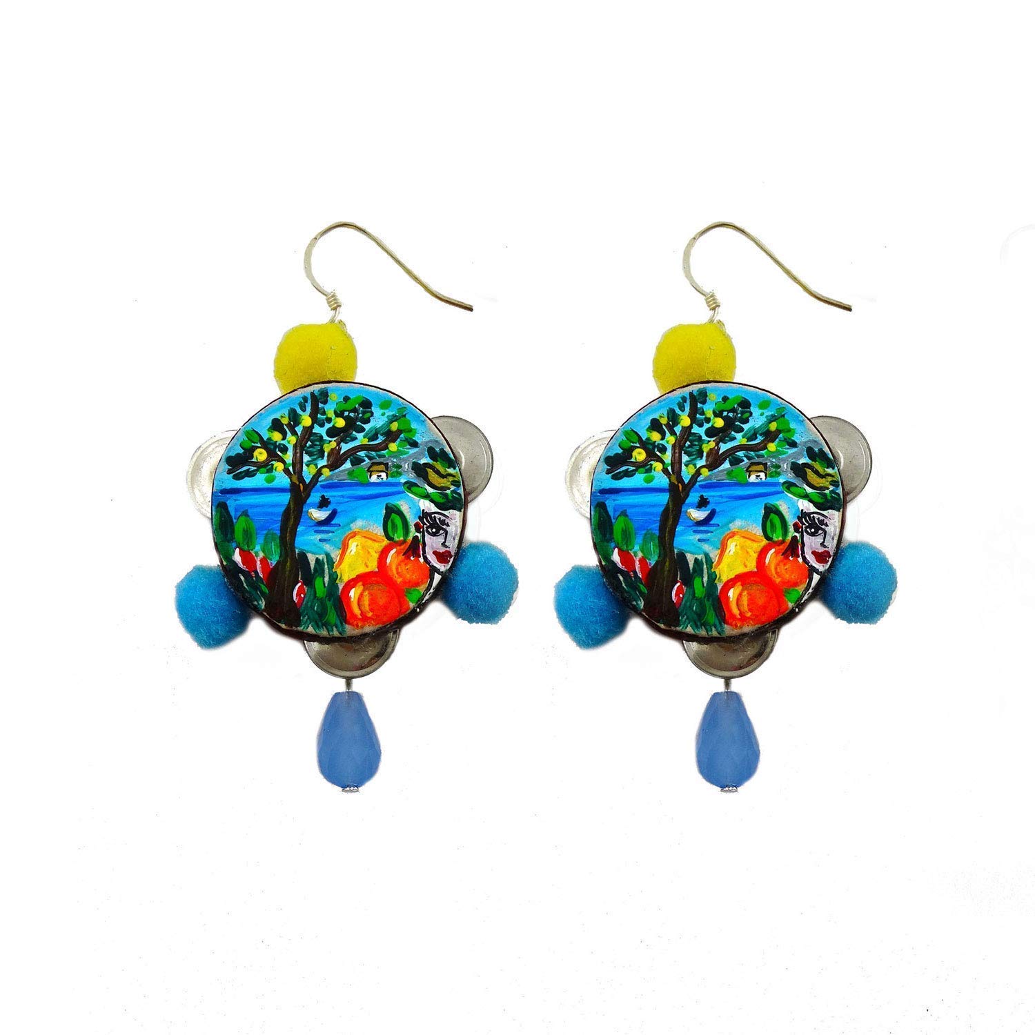 Boucles d’oreilles peintes à la main – TAMBOURINS CŒUR DE SICILE - boucles d’oreilles pendantes pour femme, bijoux avec crochet en argent, Made in Italy, bijoux décorés pour femme, artisanale