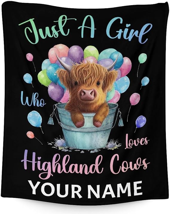 Personalized Highland Cow Blanket Gifts with Name - 50x60 Inches Cute Throw Blanket for Girls - Colorful Soft Fuzzy Blankets for Bed, Couch & Living Room