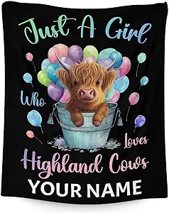 Personalized Highland Cow Blanket Gifts with Name - 50x60 Inches Cute Throw Blanket for Girls - Colorful Soft Fuzzy Blankets for Bed, Couch & Living Room