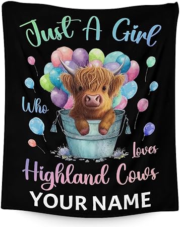 Personalized Highland Cow Blanket Gifts with Name - 50x60 Inches Cute Throw Blanket for Girls - Colorful Soft Fuzzy Blankets for Bed, Couch & Living Room