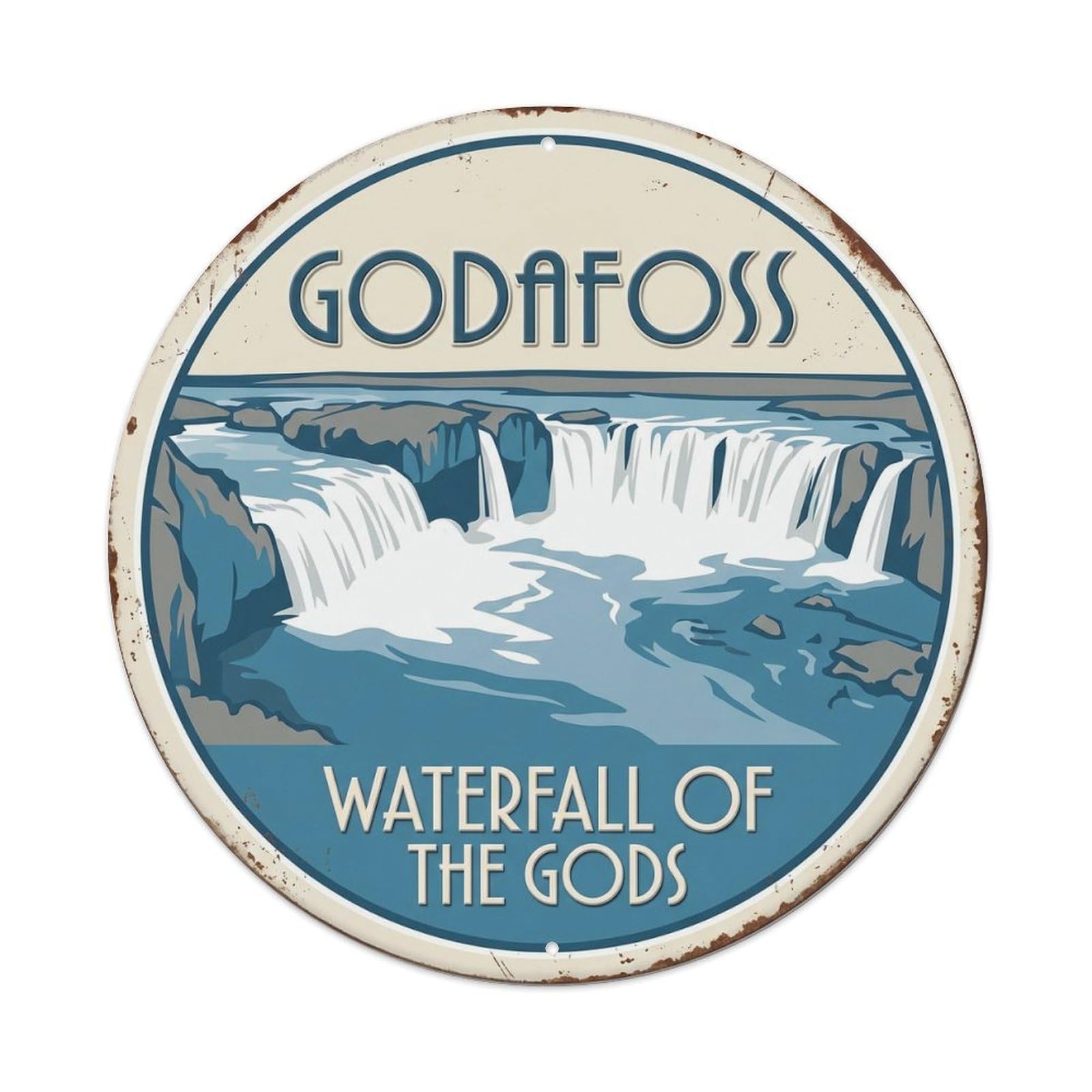 Godafoss Waterfall Gods Iceland Cascade Metal Tin Sign Plaque Wall Decor for Cafe, Club, Garden Round Metal Poster 8x8Inch