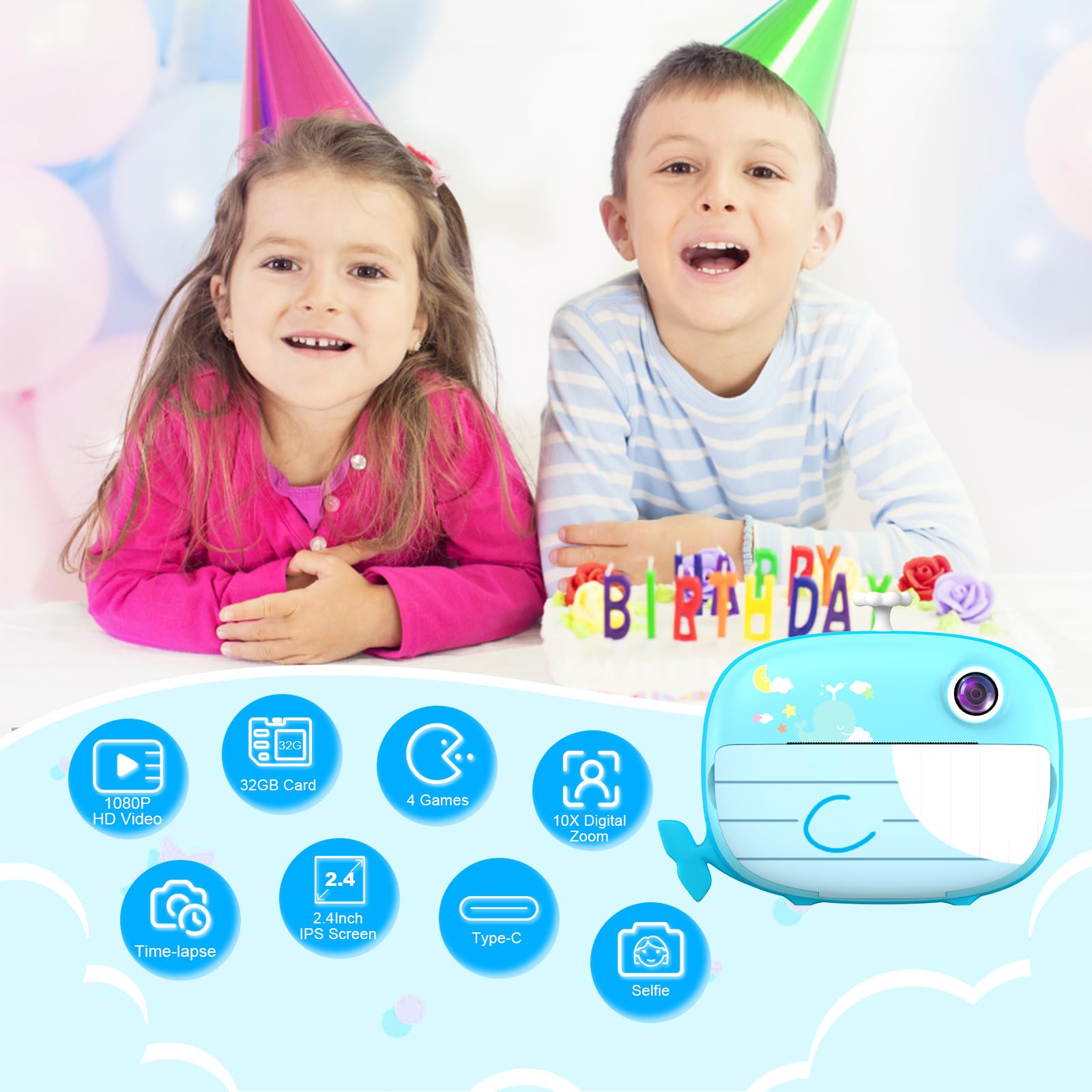 Ushining Camara Fotos Infantil Instantanea, 10X Zoom 1080P Videocámara Cámara Instantánea Niños con Pantalla de 2,4 Pulgadas Papel de Impresión y Tarjeta TF de 32GB, Regalos para Niños y Niñas, Azul