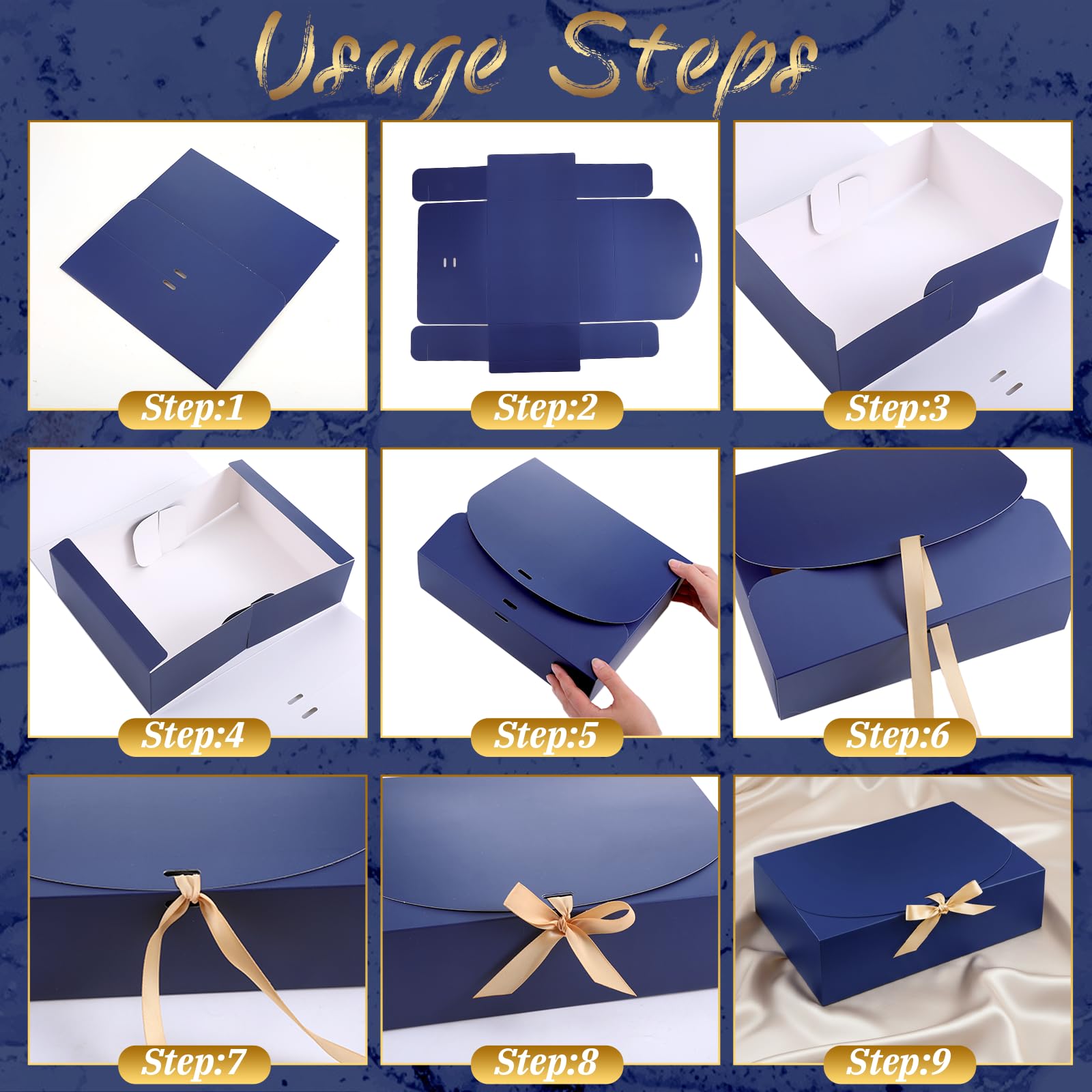 Yuanan 16 Pack Gift Box with Lid, 10.6×8×3 Inch Blue Gift Box Bulk Kraft Paper Unfold Bridesmaid Boxes with Gold Ribbon Boxes for Presents Square for Birthdays, Weddings, Graduation and Holidays