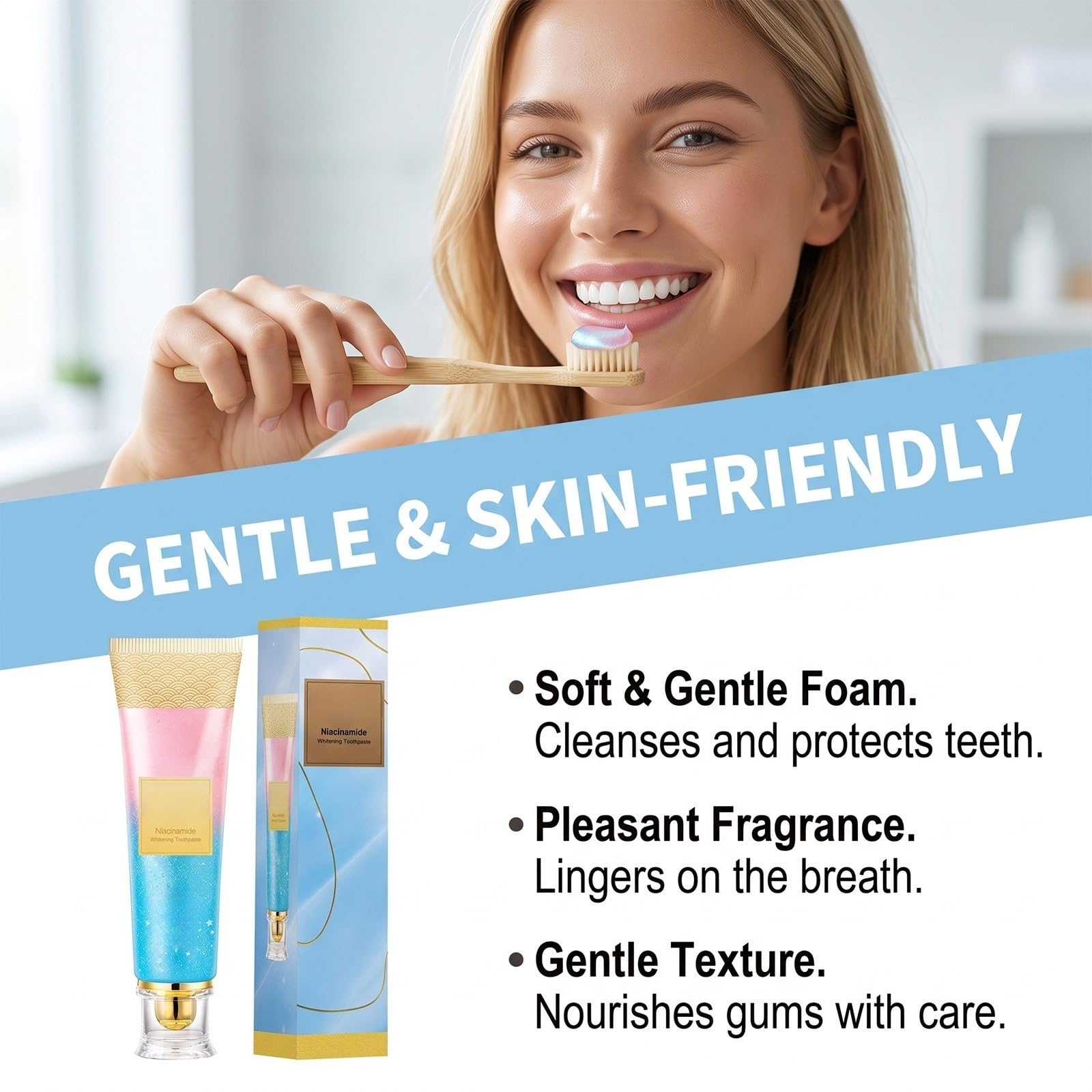 Dentifricio sbiancante alla niacina – pulizia delicata, brillantezza dei denti, freschezza duratura – confezione di lusso con design madreperla e oro – cura quotidiana per una bocca pulita e radiosa