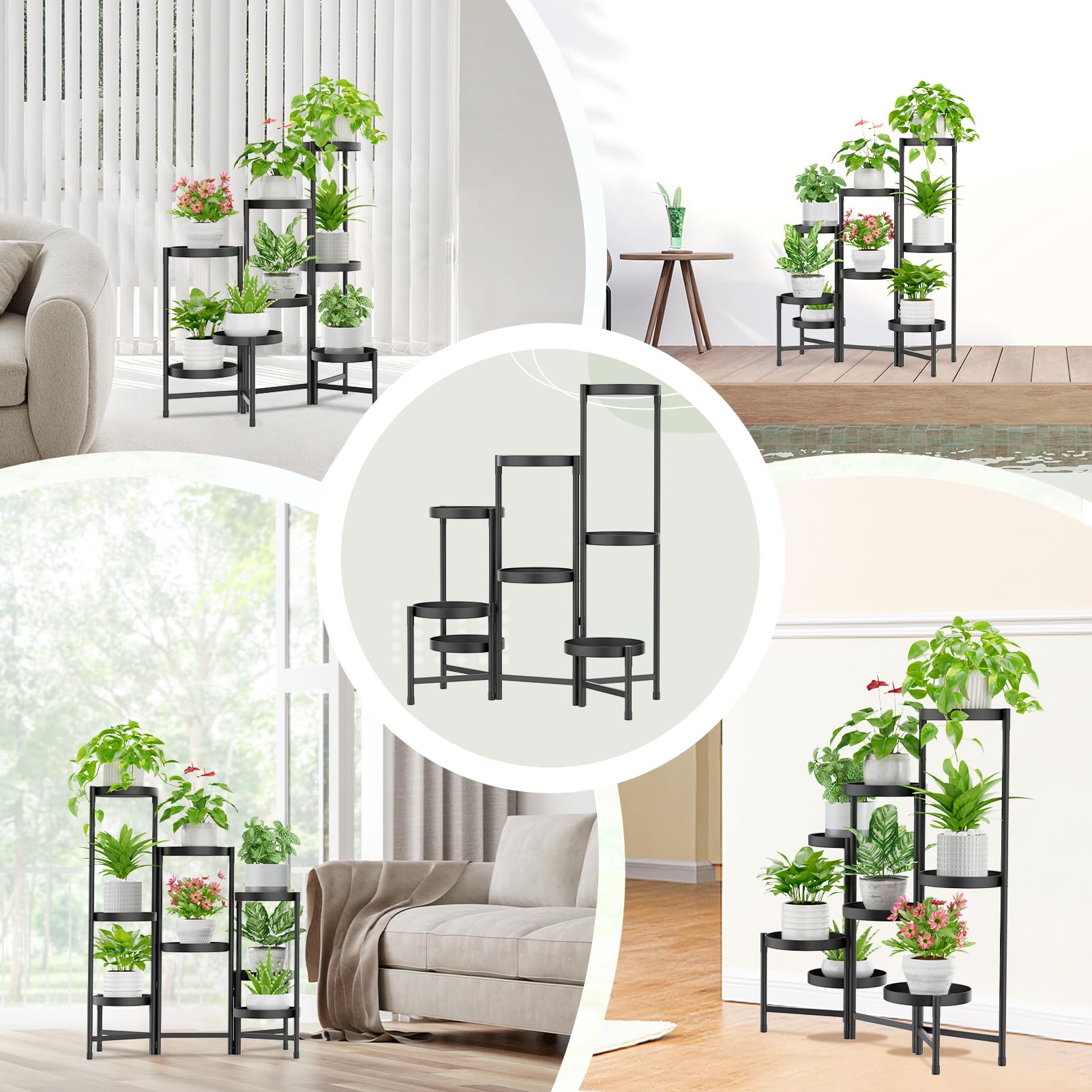 iDavosic.ly 8 Tier Plant Stand Indoor Tall, Tiered Plant Stands Outdoor for Multiple Plants, Corner Metal Folding Flower Display Holders Rack Shelf for Window Porch Garden, Black