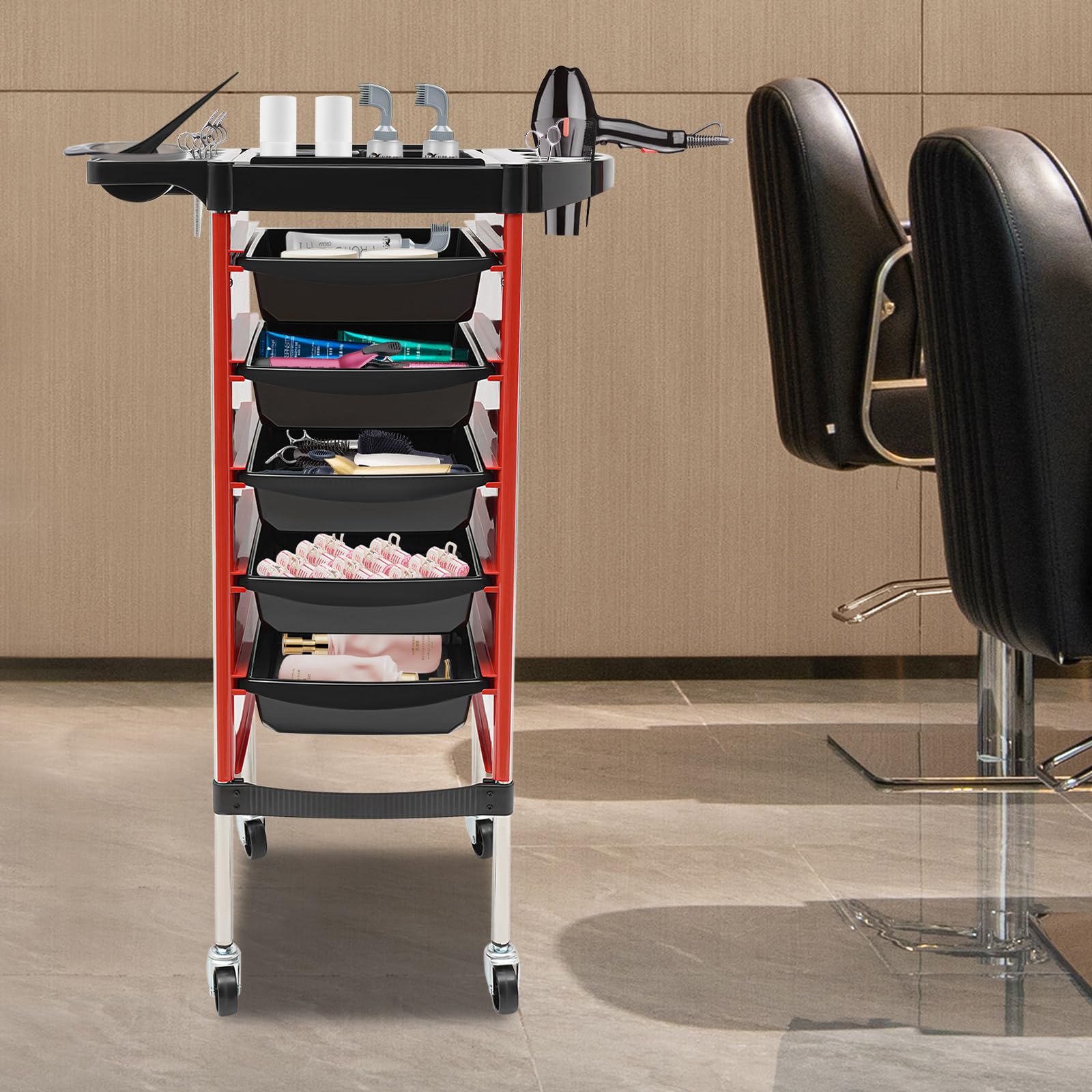 Chariot de coiffure 5 tiroirs 6 étages professionnel rouge