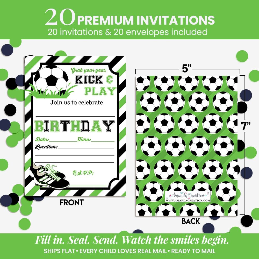 Green & Black Kick and Play Soccer Themed Birthday Party Invitations for Boys, 20 5x7 Fill In Cards with Twenty White Envelopes by AmandaCreation
