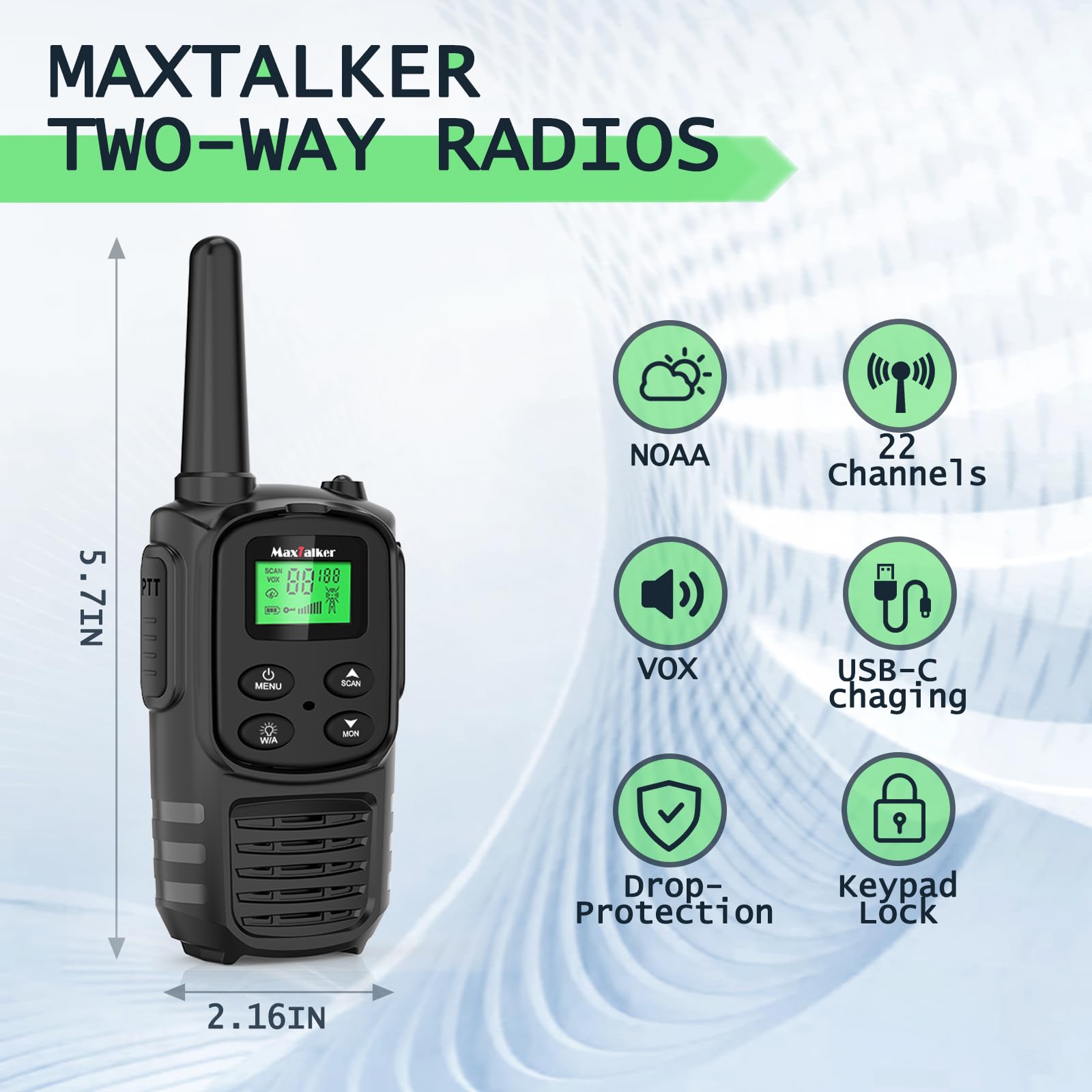 MaxTalker Walkie Talkies Long Range for Adults, MT10 Rechargeable Walkie Talkies 4 Pack with 22 FRS Channels, 2 Way Radios, NOAA, 1200mAh Li-ion Battery, LED Flashlight, VOX for Hiking Camping