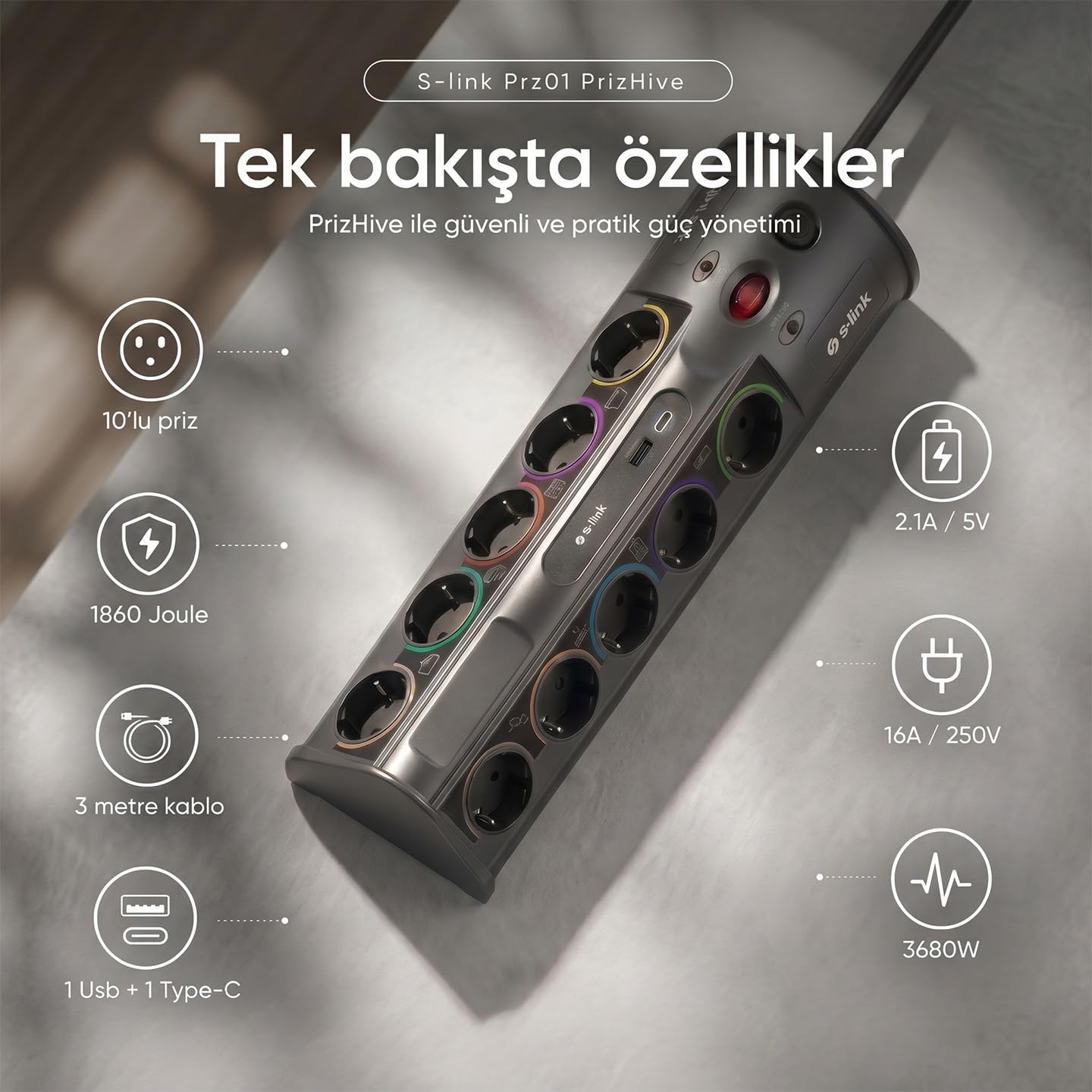 S-link PRZ01 PrizHive 3 Metre 1860 Joule 1.5mm 1 Usb 1 TypeC 2.1A/5V 16A 250V 3680W 10lu Akım Korumalı Priz