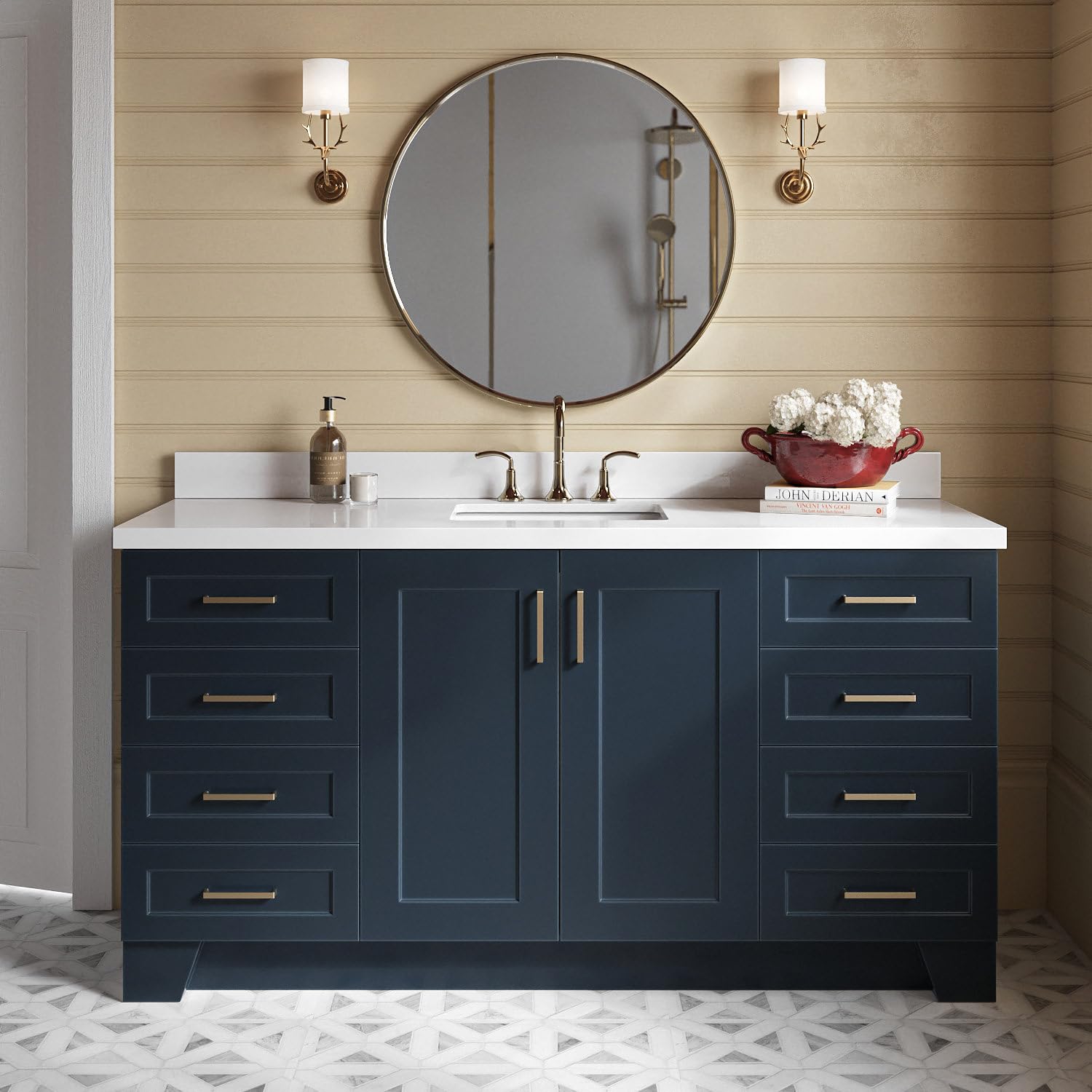 ARIEL Taylor 67" Midnight Blue Bathroom Vanity, 1.5" Edge Pure White Quartz Countertop & Splash, Rectangular Sink, 2 Soft Closing Doors, 9 Full