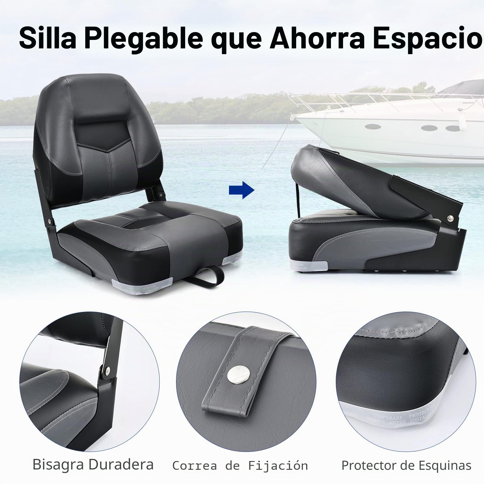GOPLUS Juego de 2 Asientos de Barco, Silla Plegable para Barco Impermeable, Asiento Yate Ergonómico con Correas y Tornillos de Fijación, 42 x 50 x 52 cm, para Pescar, Pilotaje, Barco de Pesca (Negro)