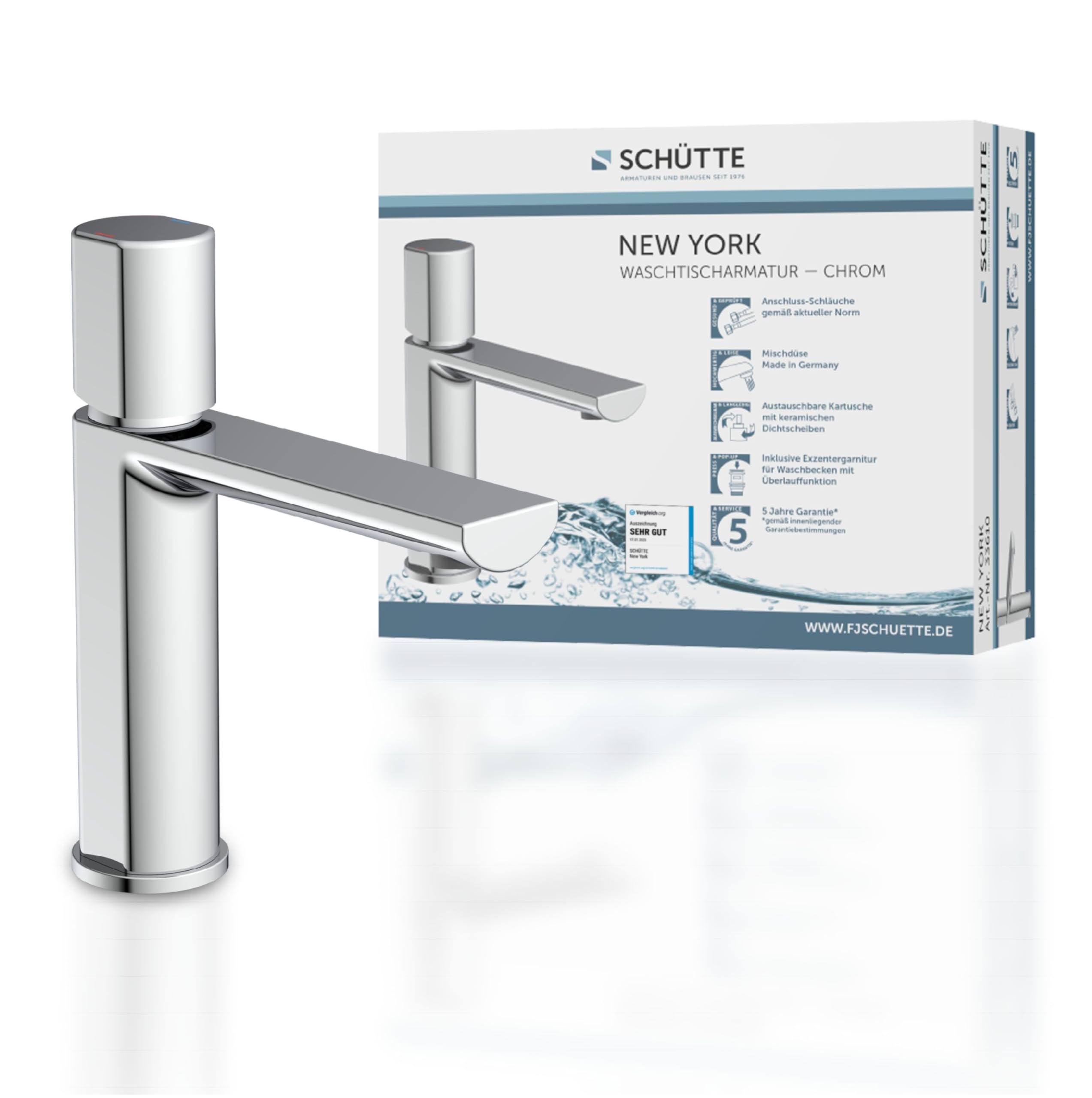 Schütte New York 33610 - Grifo mezclador monomando para lavabo con desagüe, grifo mezclador con válvula emergente, grifo de baño, monomando para baño, cromado