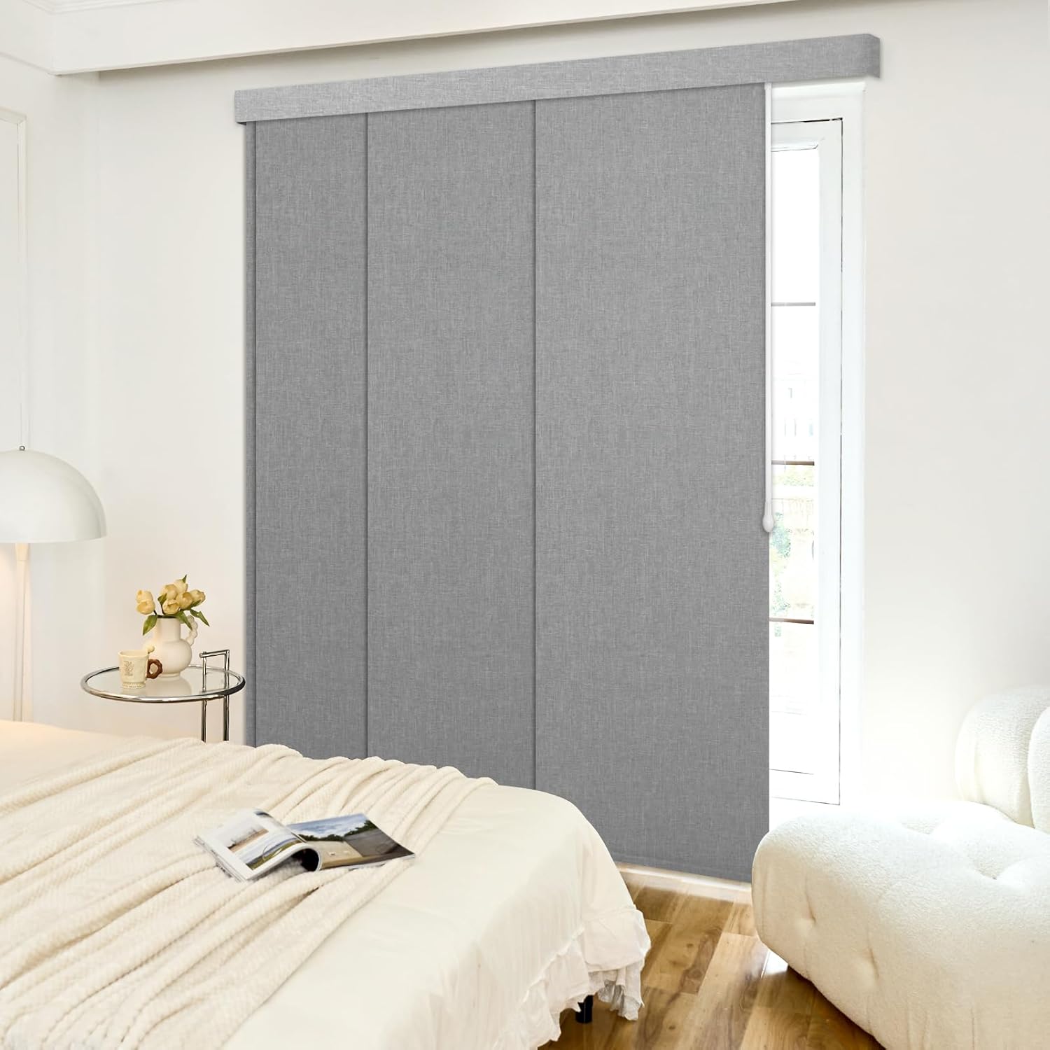 Adjustable Panel Track Blinds Blackout Vertical Blinds with Valance, Sliding Glass Door Blinds, Room Dividers, Retractable Track from 42" to 74" W, Trimmable Panel Up to 96" H (Light Grey) Blackout - Light Grey 74"W x 96"H