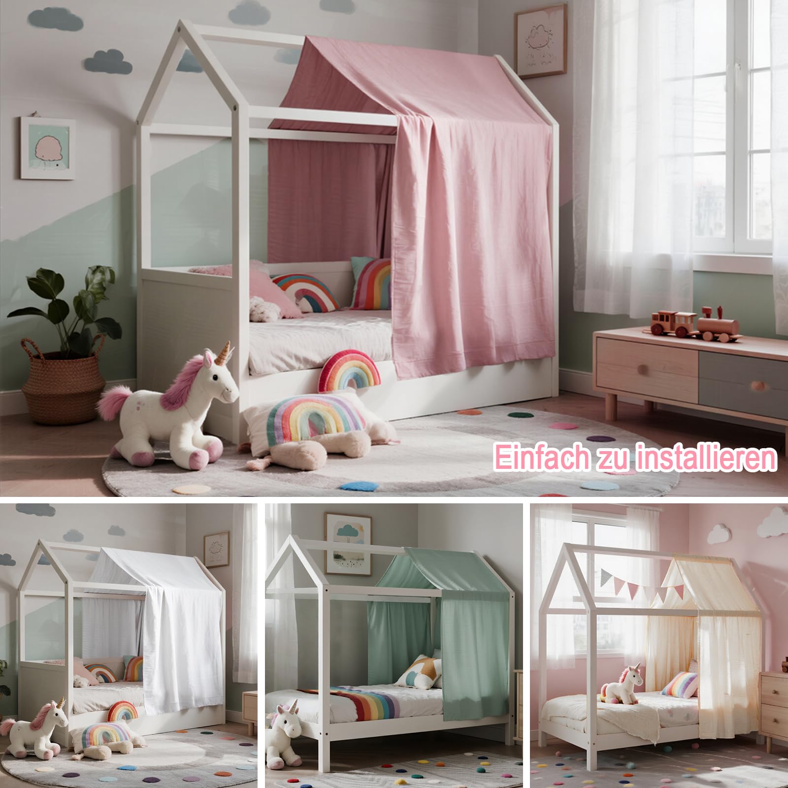 Hausbett Himmel, Betthimmel Hausbett Musselin mit 2 Stück Betthimmel, Stoffhimmel für Hausbetten Mädchen Jungen Baldachin Kinderbett Kinderzimmer Deko -67 x 270 cm Rosa