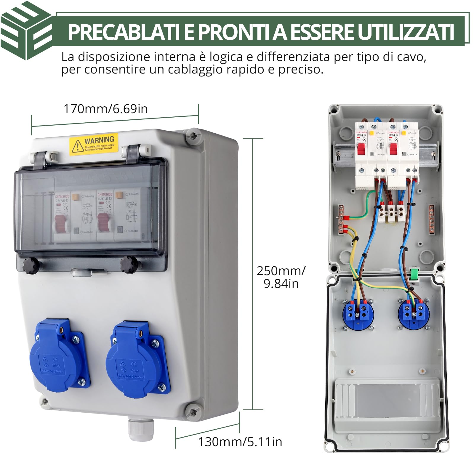 EYPINS Distributore di Corrente da Cantiere,2x 230V,Quadro Elettrico Esterno da Parete,Protezione LS e FI,Impermeabile,per Giardini, Garage, Officina