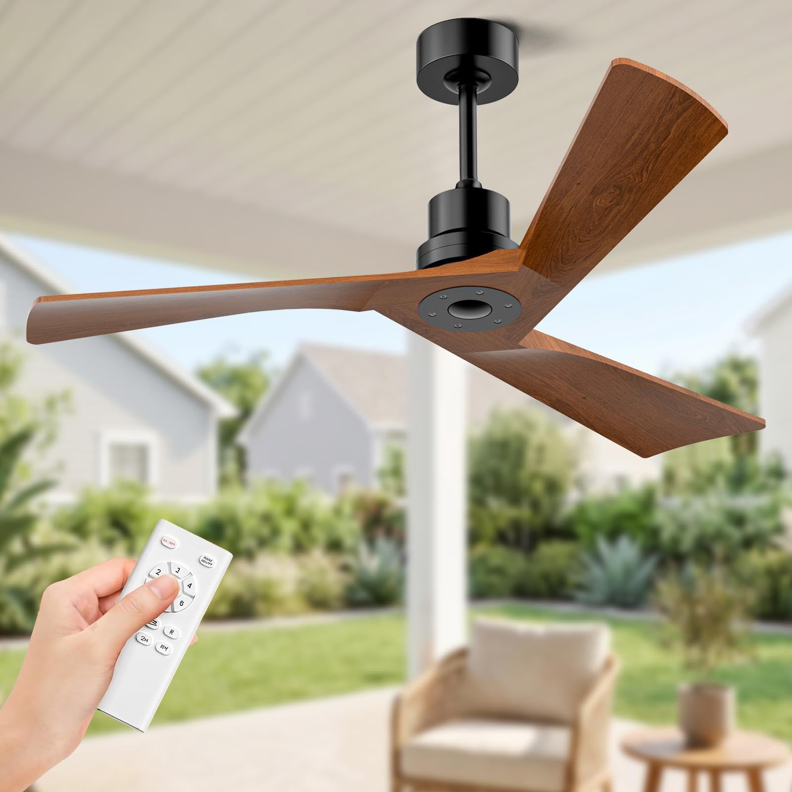Obabala Ceiling Fan 52 Inch with Remote, Solid Wood Blades DC Motor 5000 CFM Quiet 35dB, Reversible 6 Speed Modern Farmhouse for Bedroom Living Room Indoor Outdoor, No Light with Downrod