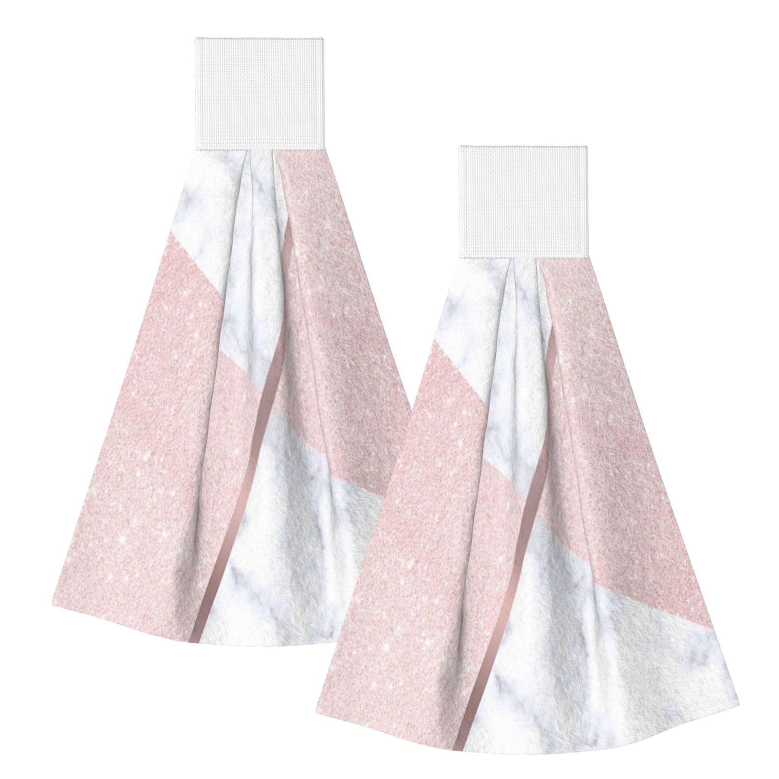 DOPKLNA Elegant Girly Rose Gold Glitter & White Marble, 2 Pcs Hanging Coral Fiber Hand Towels for Bathroom, Absorbent Kitchen Towels