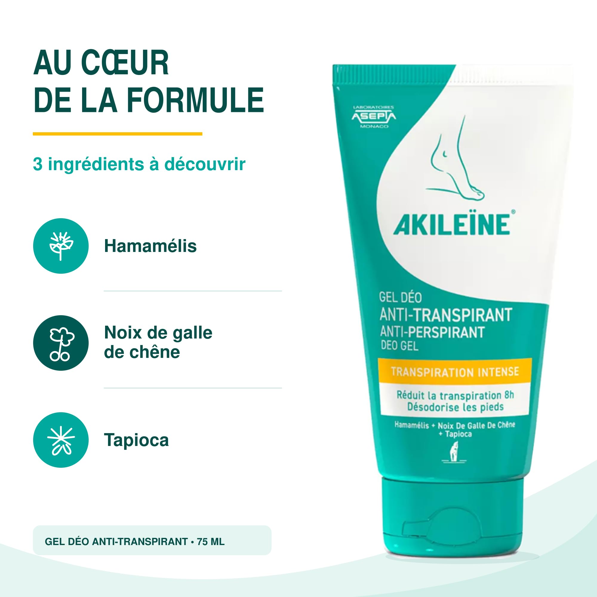 AKILEÏNE | Gel Deodorante Antitraspirante | Riduce la sudorazione intensa e offre una deodorazione a lunga durata | Comfort prolungato | Pelle sensibile | Dai 6 anni in su | 75 ml