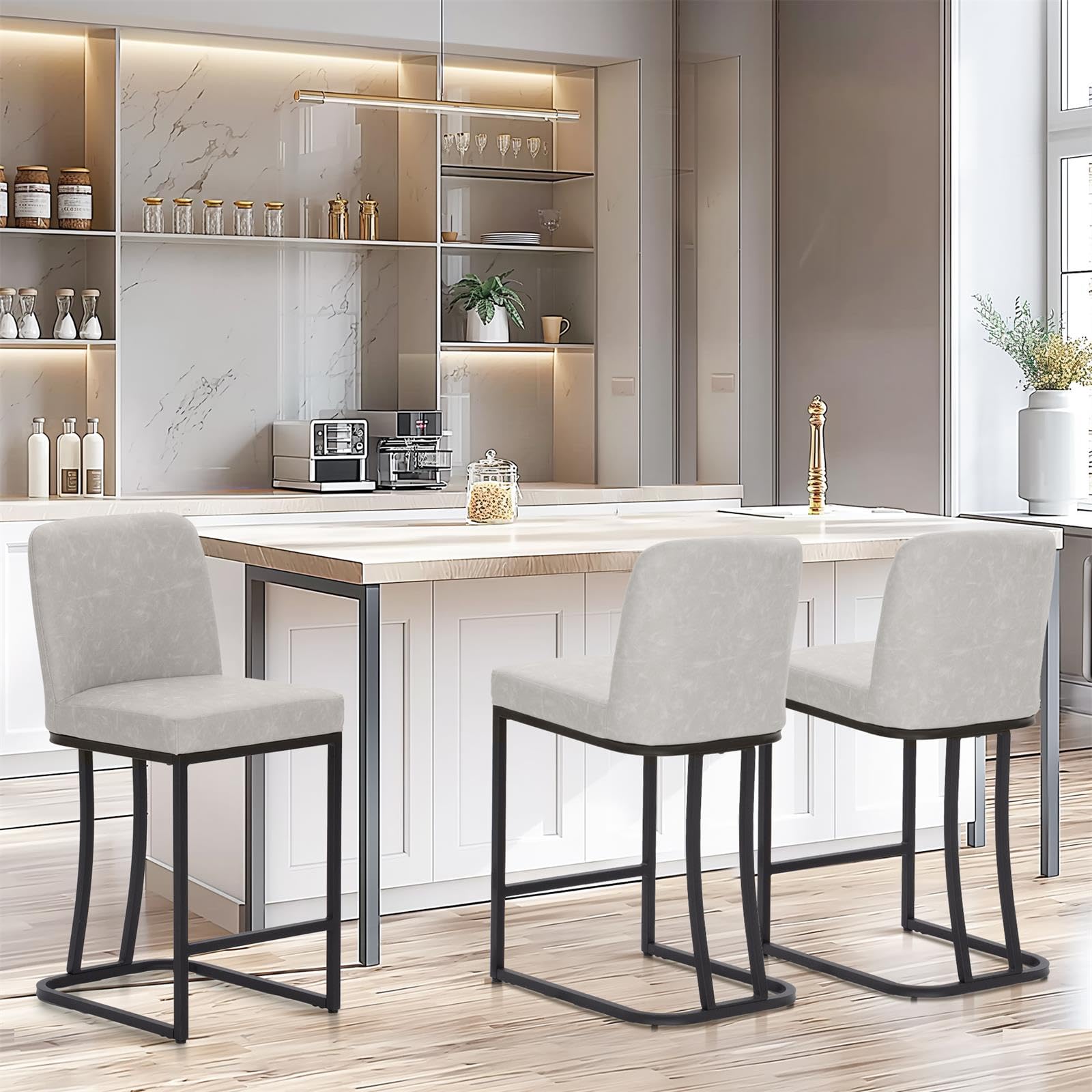 Sophia & William Bar Stools Set of 3, Counter Height Bar Stools with Back for Kitchen Island, Modern Faux Leather Bar Stools,Light Grey