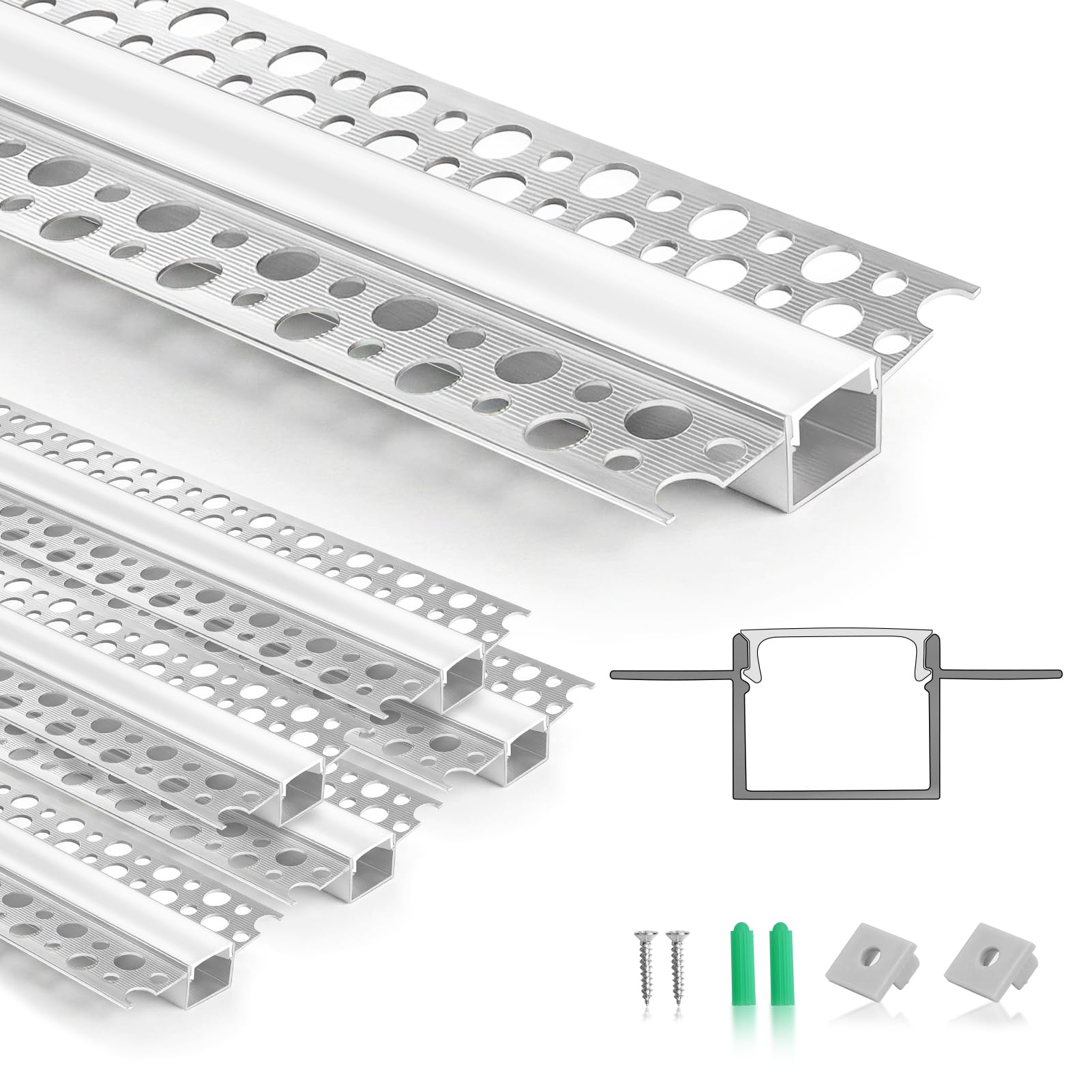 LightingWill Profilo da incasso per LED da 1 m, in alluminio, con diffusore di latte, per strisce LED da 1 a 13 mm, illuminazione lineare indiretta per ambienti domestici e commerciali, 6 x 1 m