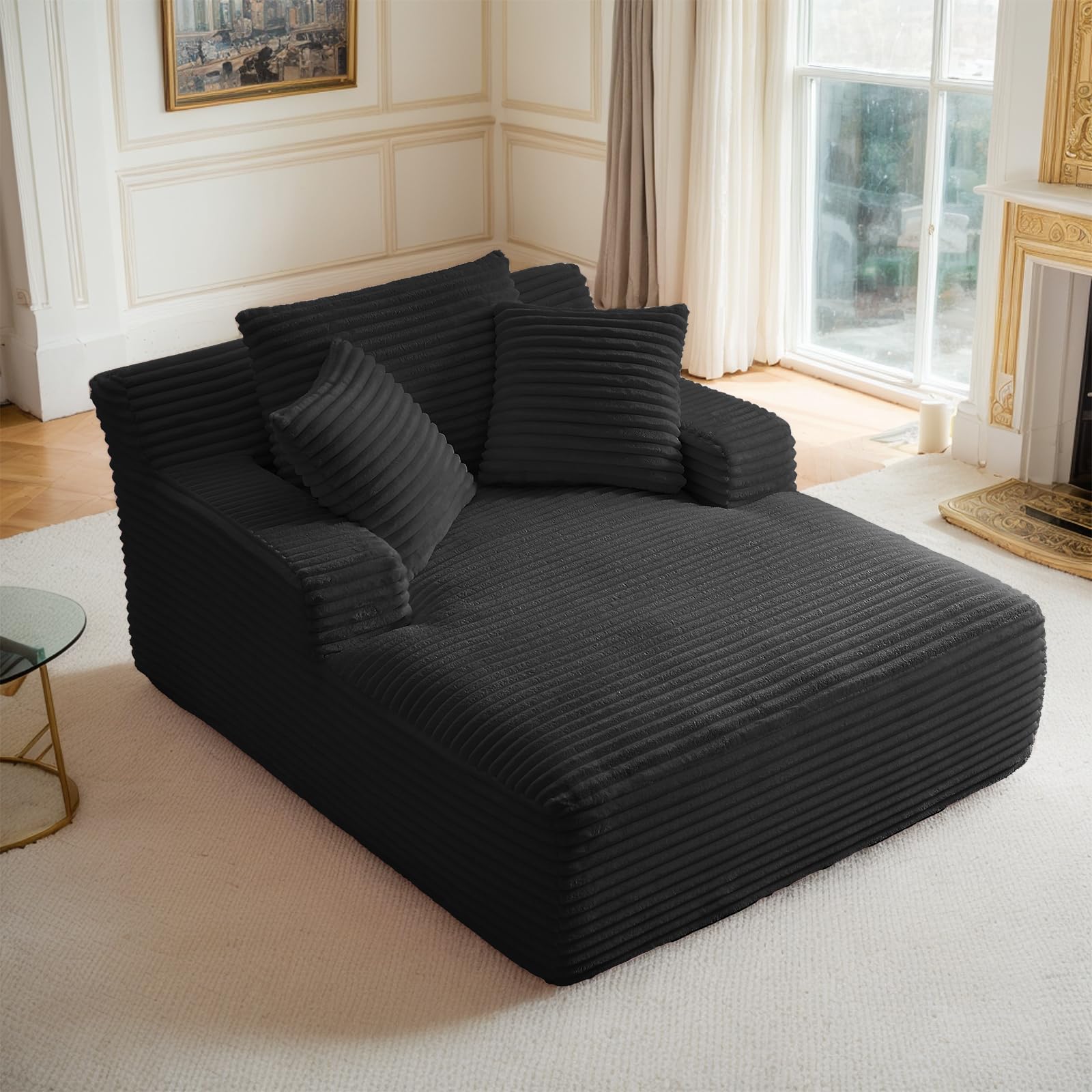 Keainvren Oversized Chaise Lounge Chair Indoor Corduroy Sofa Bed with Throw Pillows Recliner Chair Comfy Large Deep Seat Sofa Couch for Living Room,