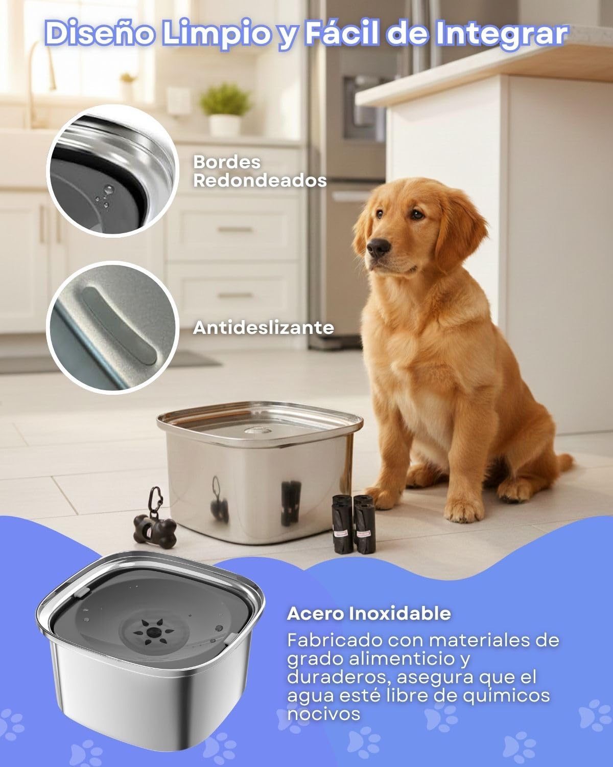 Bebedero Perro - 3L de Capacidad - Antigoteo, Antisalpicaduras y Antivuelco - Acero Inoxidable -Antideslizante - Apto Interior y Exterior - Incluye Dispensador + 4 Rollos de Bolsas