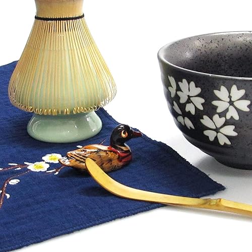 Miniatura 4 de Artcome Juego de té Matcha japonés, batidor Matcha, cuchara tradicional, tazón Matcha, bandeja de bambú negro, soporte de batidor de cerámica,