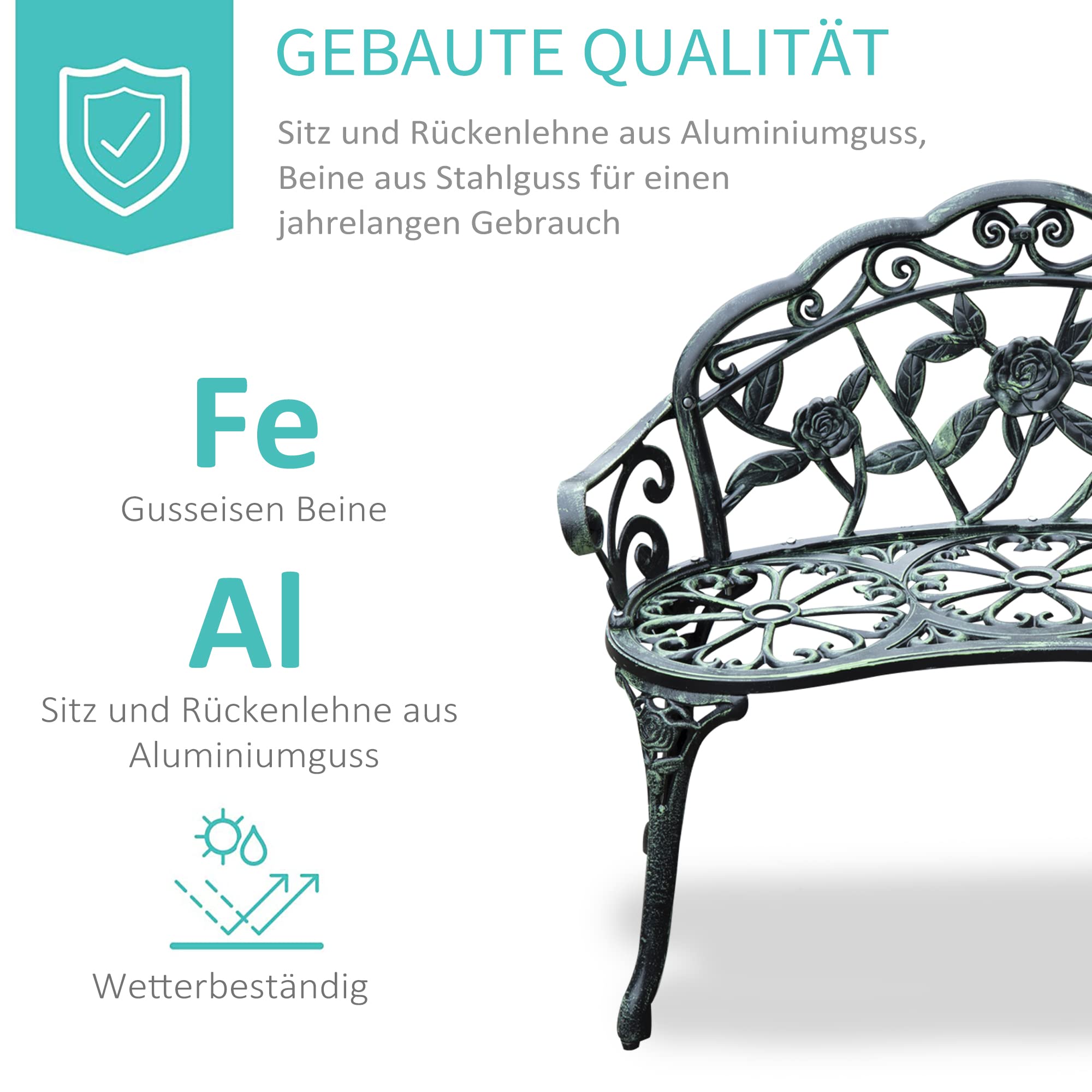 Outsunny Gartenbank 2-Sitzer aus Gussaluminium, Sitzbank im Retro Stil, Parkbank mit Blumenmuster, Balkonbank 240 kg belastbar, für Balkon Terrasse, Garten, 100 x 54 x 78 cm, Antik Grün