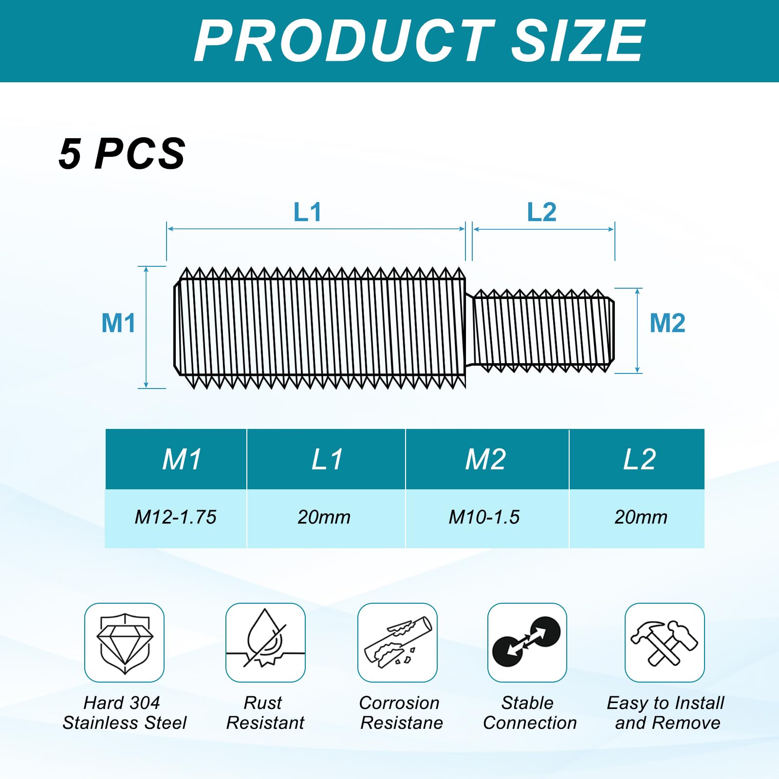 PATIKIL M10x20 to M12x20 Double End Threaded Stud Screw Bolt - Image 2