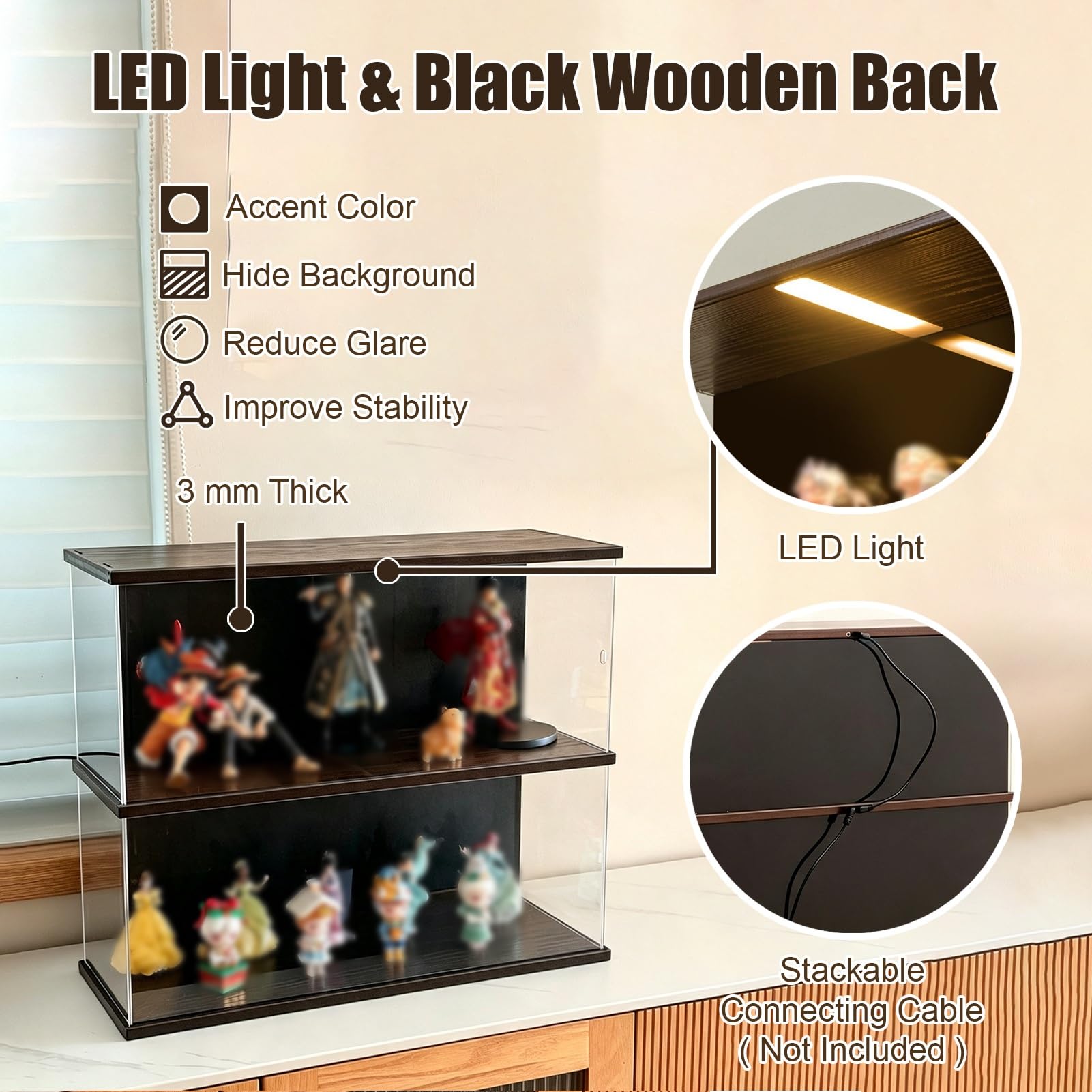 Teca Plexiglass Luce a LED, Scatola in Acrilico con Retro Nero, Vetrina | Vetrina Illuminata con Base e Coperchio in Legno, Organizer con Anta Scorrevole per Statuette con Testa Oscillante